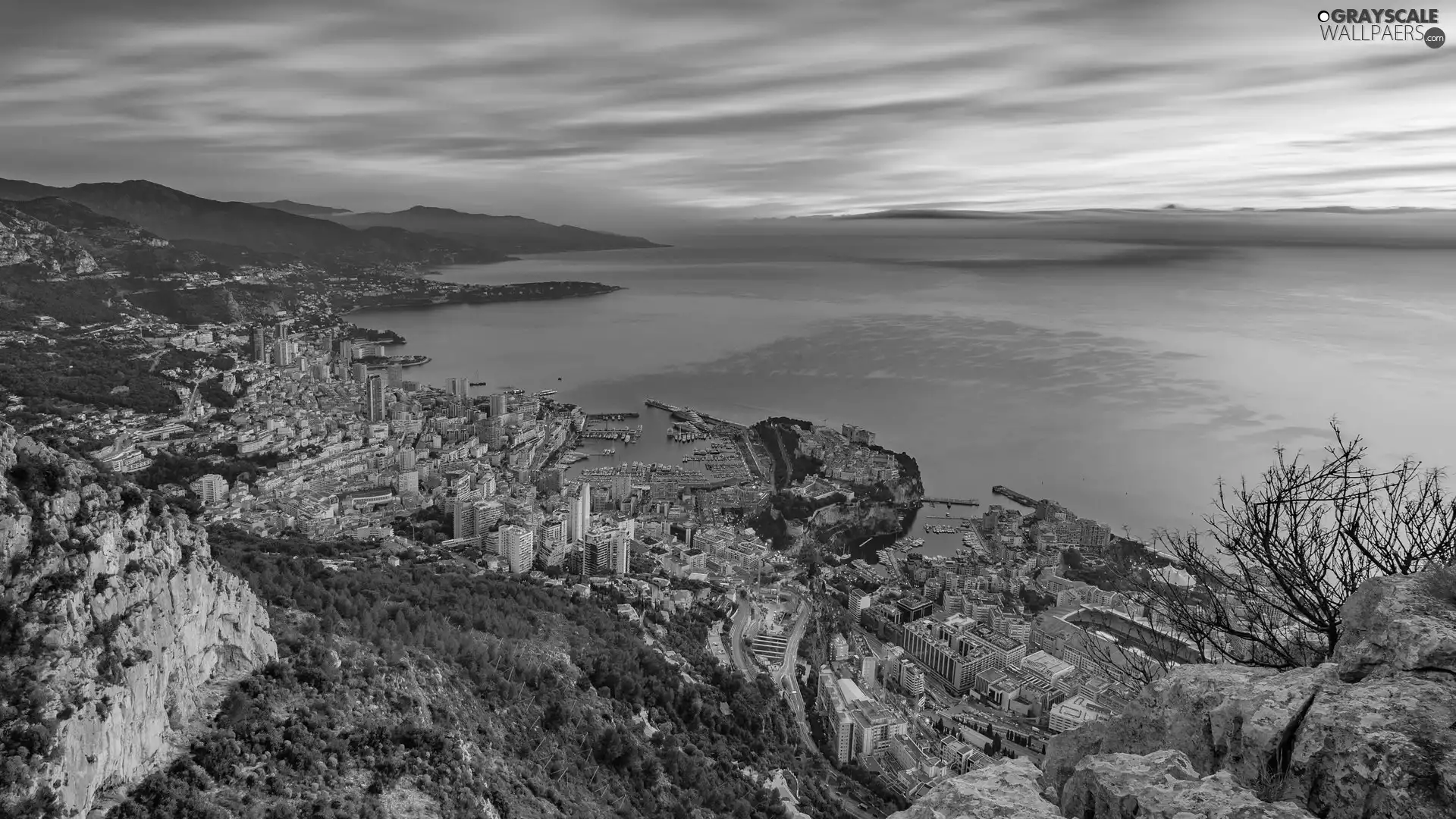 Mountains, Sunrise, Town, Monaco, rocks, sea