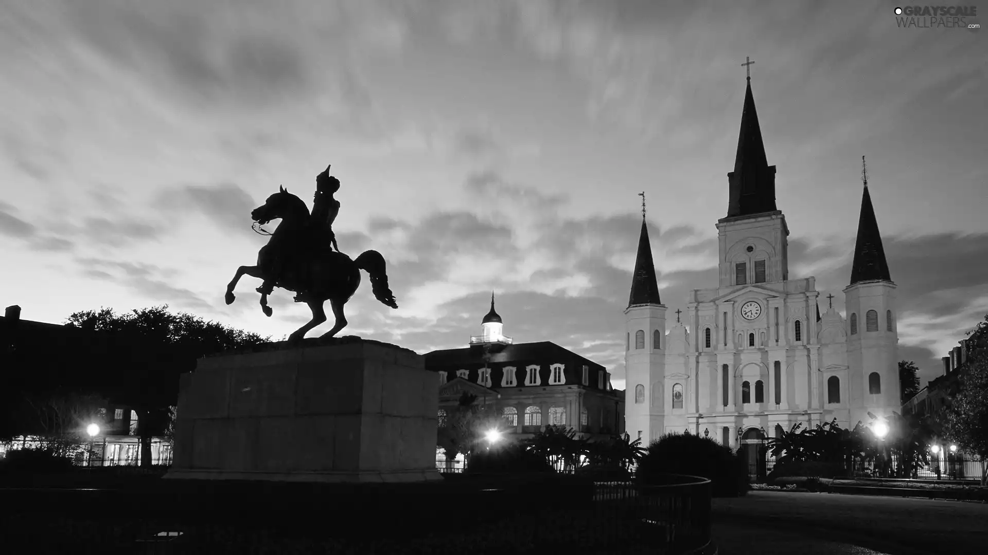 Monument, New Orleans, chair, evening, Jackson Square, Louisiana