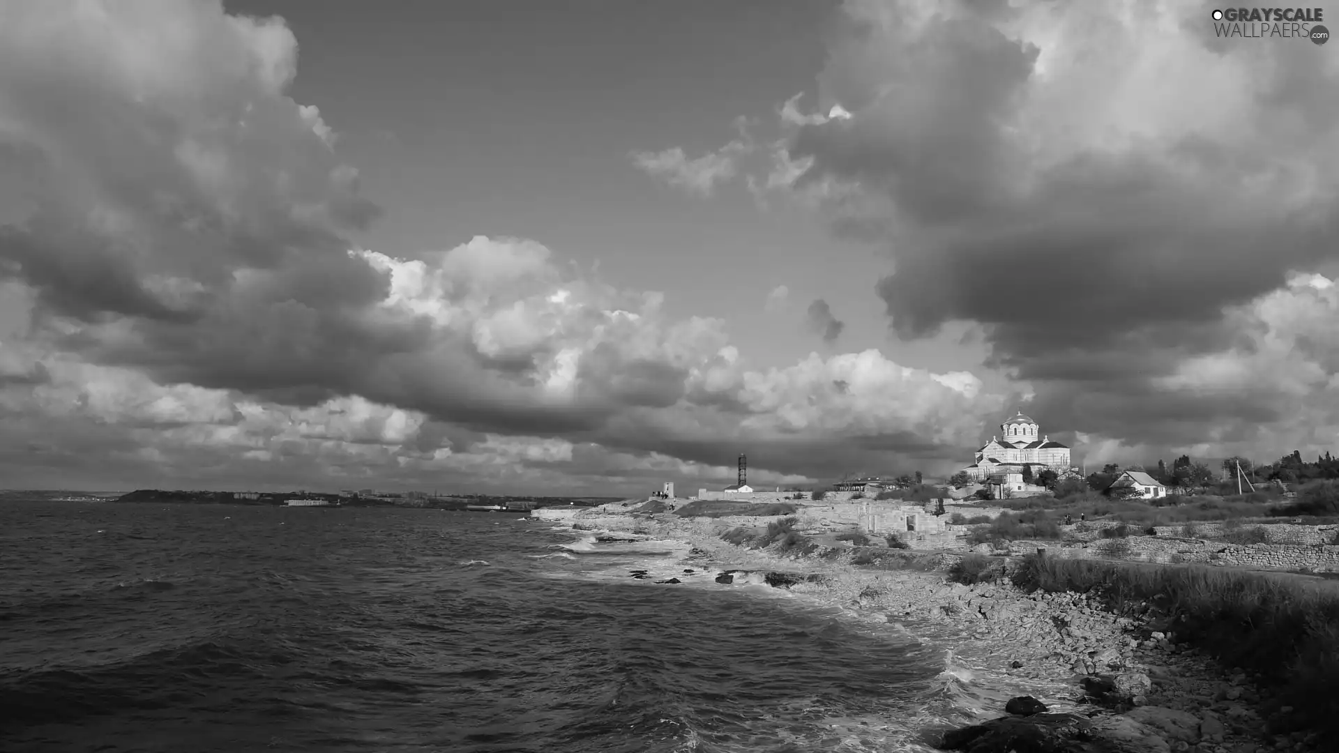 Cerkiew, Crimea, coast, clouds, sea