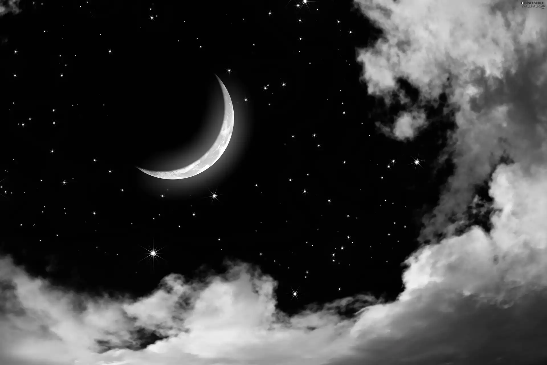 clouds, Night, moon, Sky