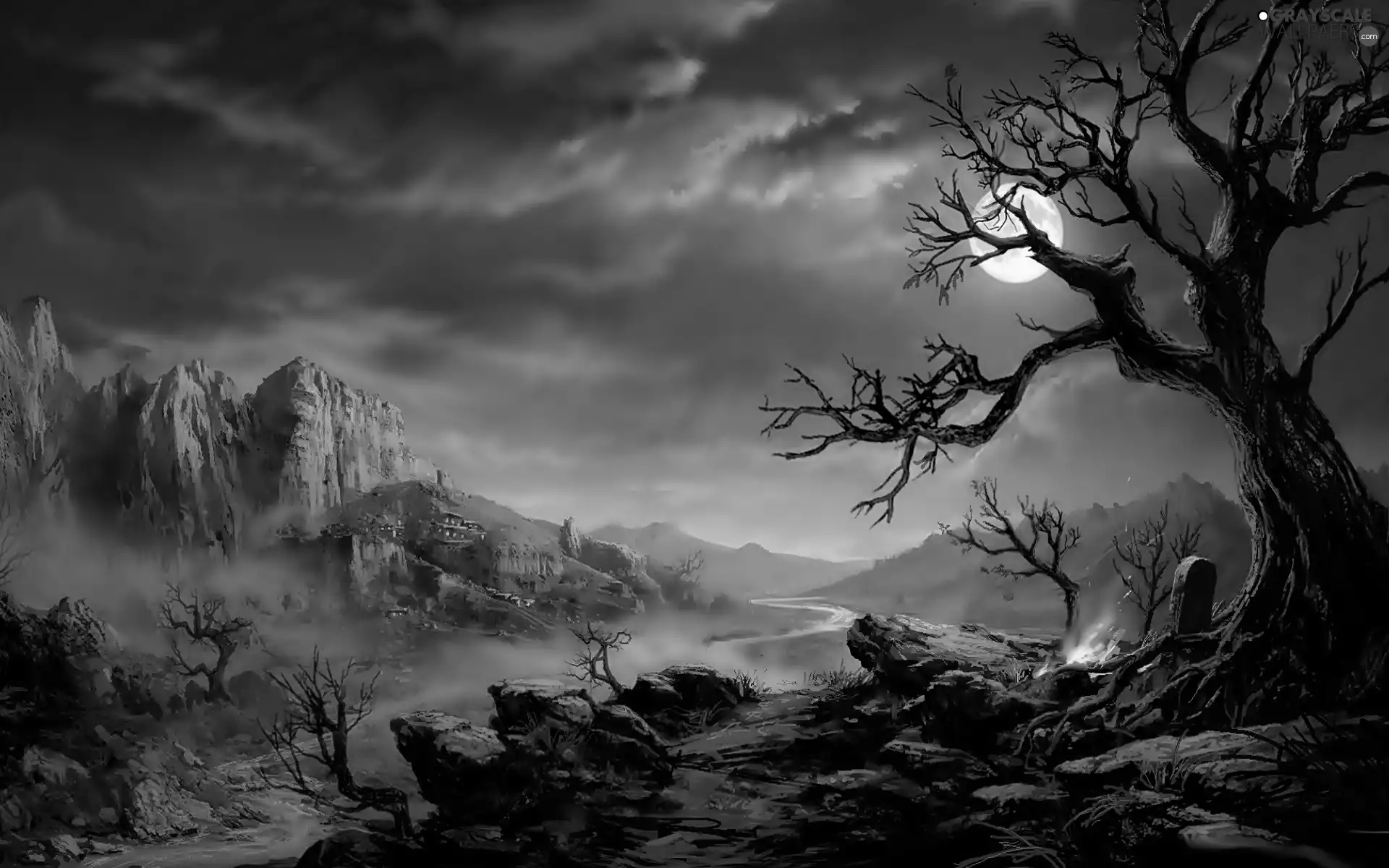 trees, Mountains, moon, fire, viewes, Fog