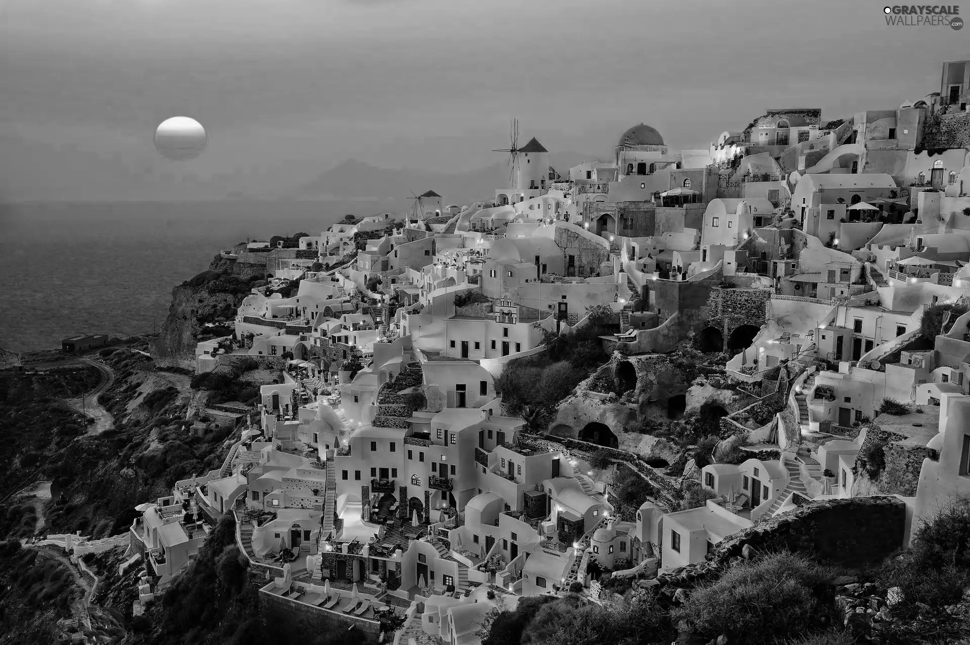 moon, Hill, Houses