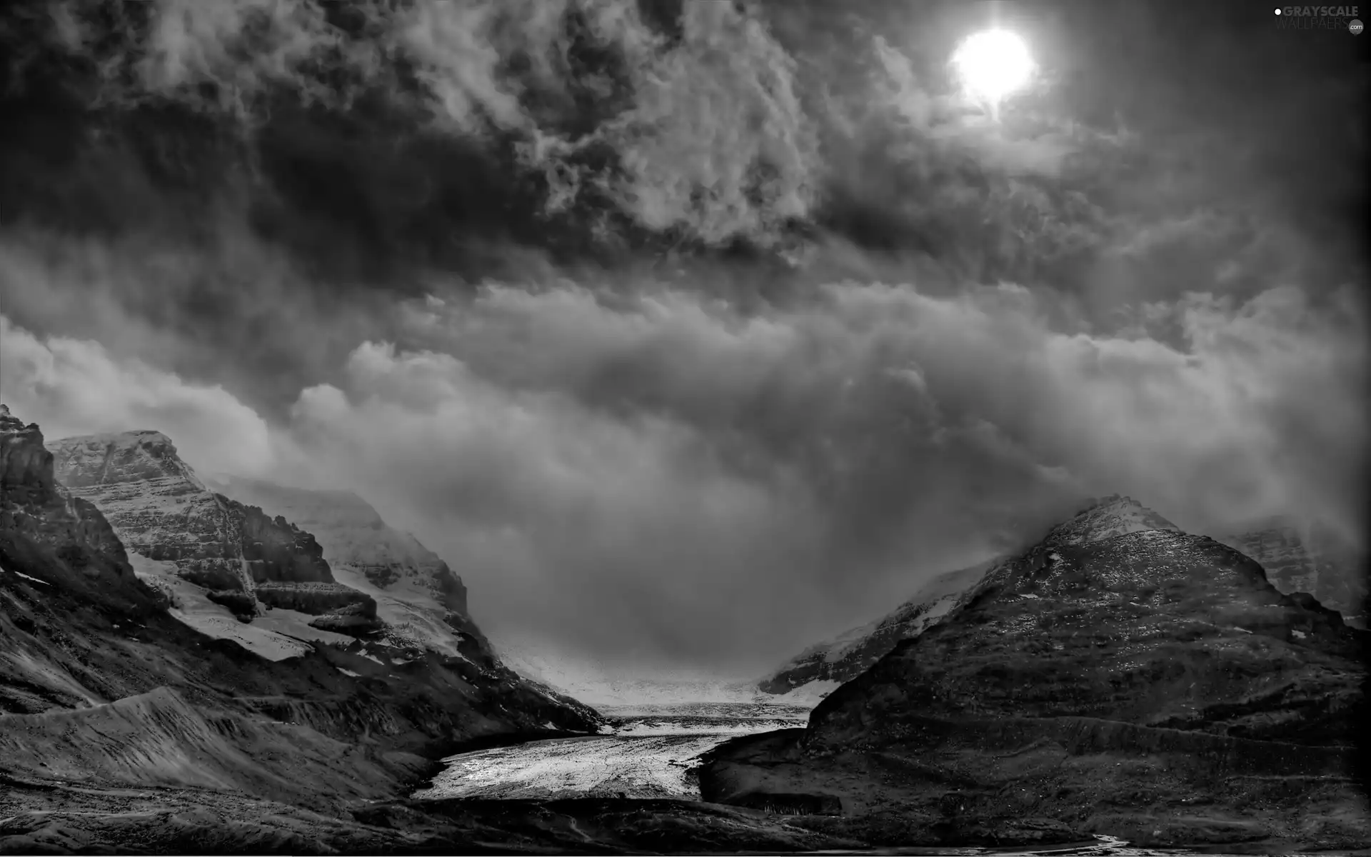 moon, clouds, Mountains