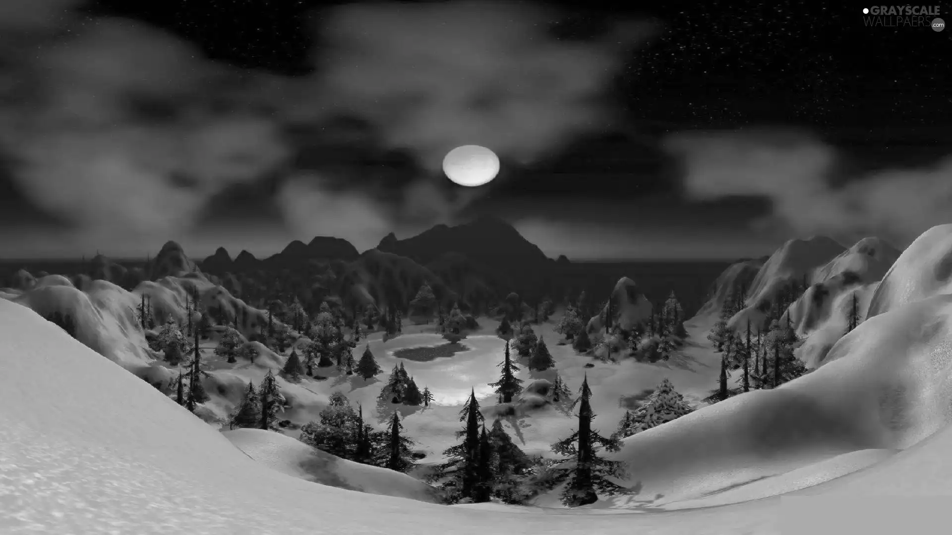 viewes, winter, moon, Night, Mountains, trees