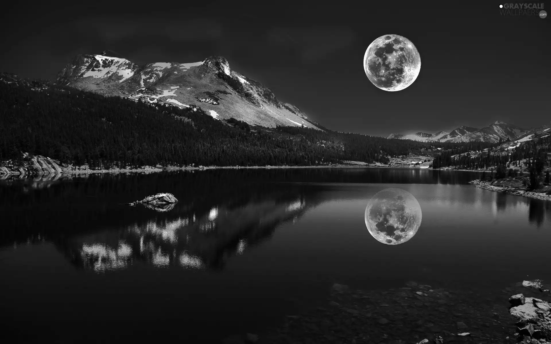 River, winter, moon, Mountains