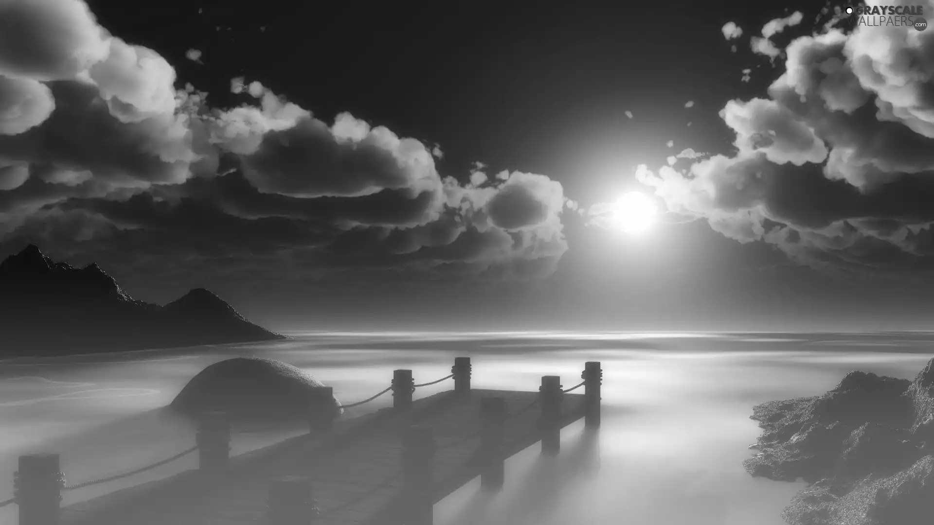 Sky, Platform, clouds, Night, sea, moon, rocks
