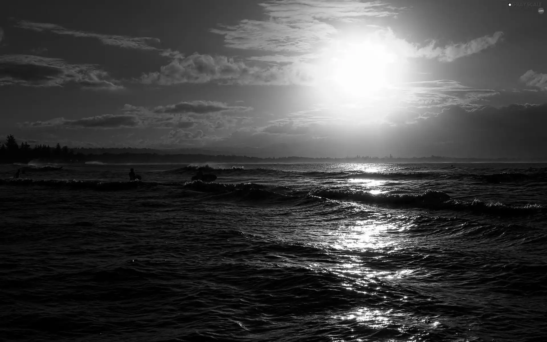 sea, Night, moon, Waves