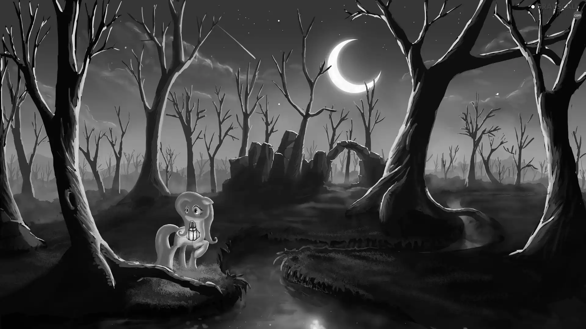 trees, viewes, Night, Moon, My Little Pony