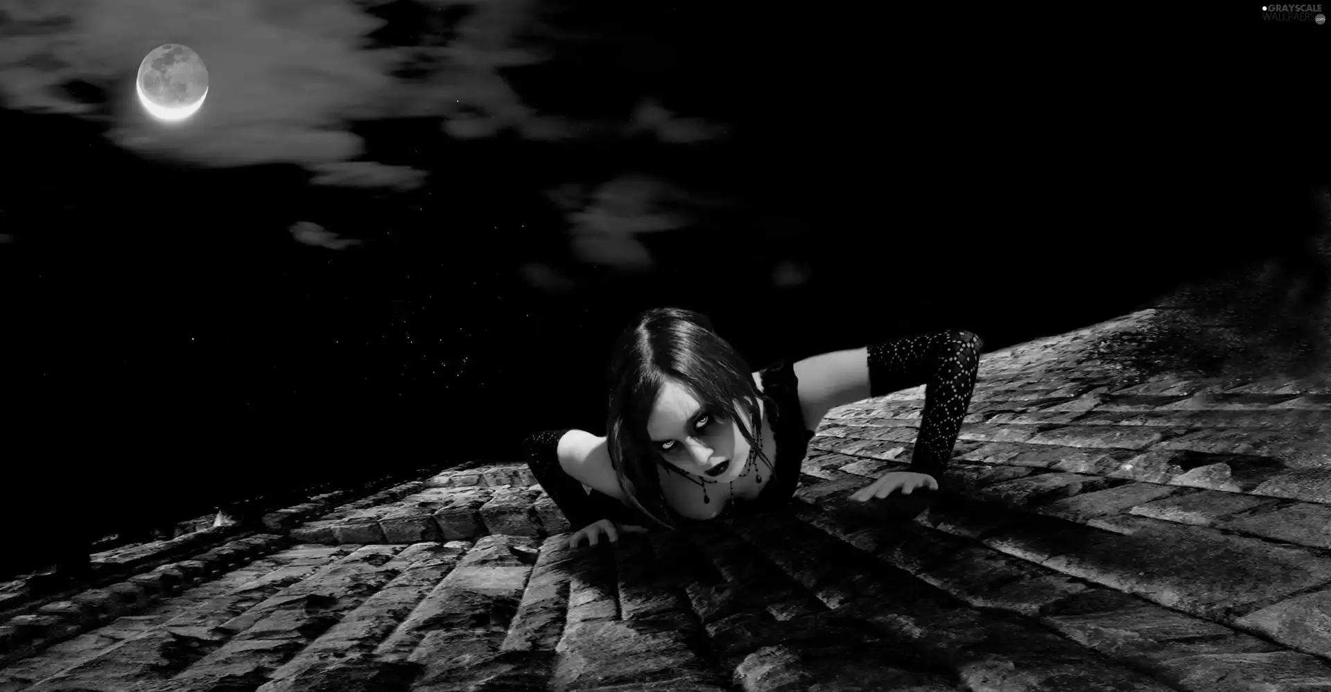 Women, wall, moon, Vampire