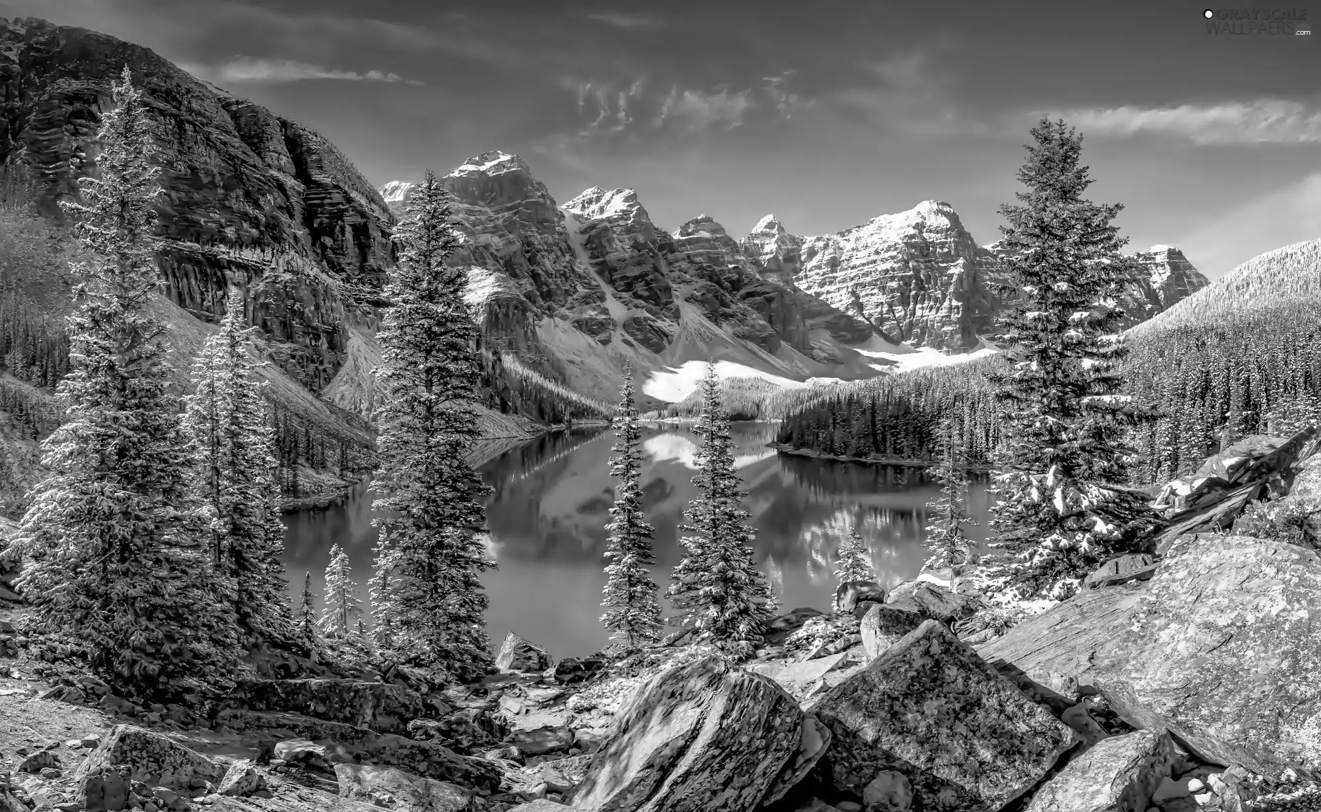 forest, winter, moraine, Canada, lake, Mountains