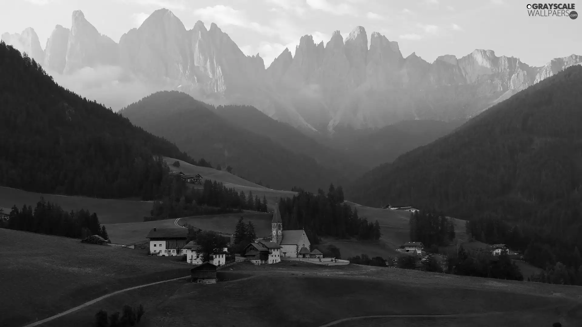 Fog, South Tyrol, Dolomites, Houses, country, Italy, Mountains, Church, morning, Santa Maddalena
