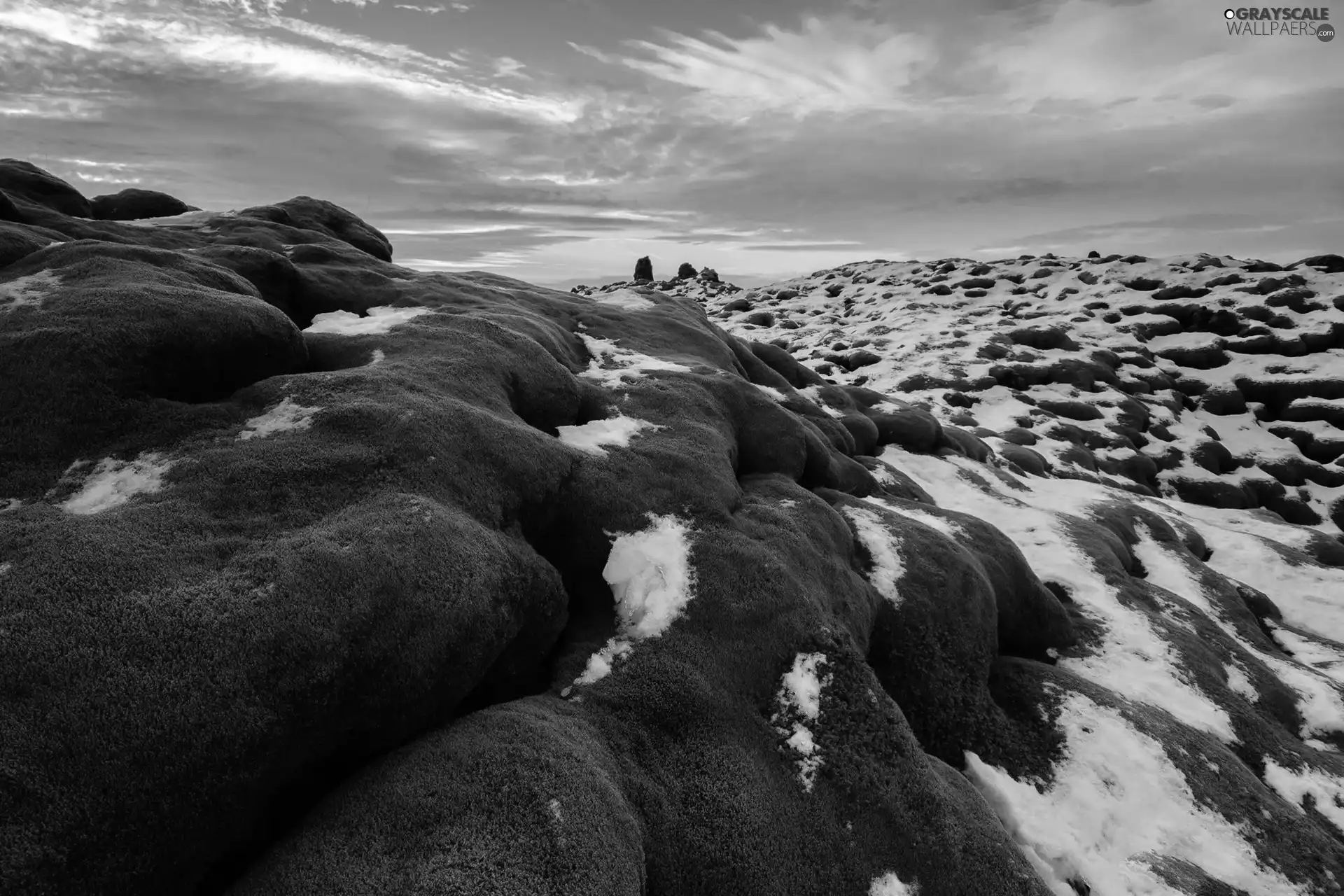 Moss, snow, sun, Stones, west