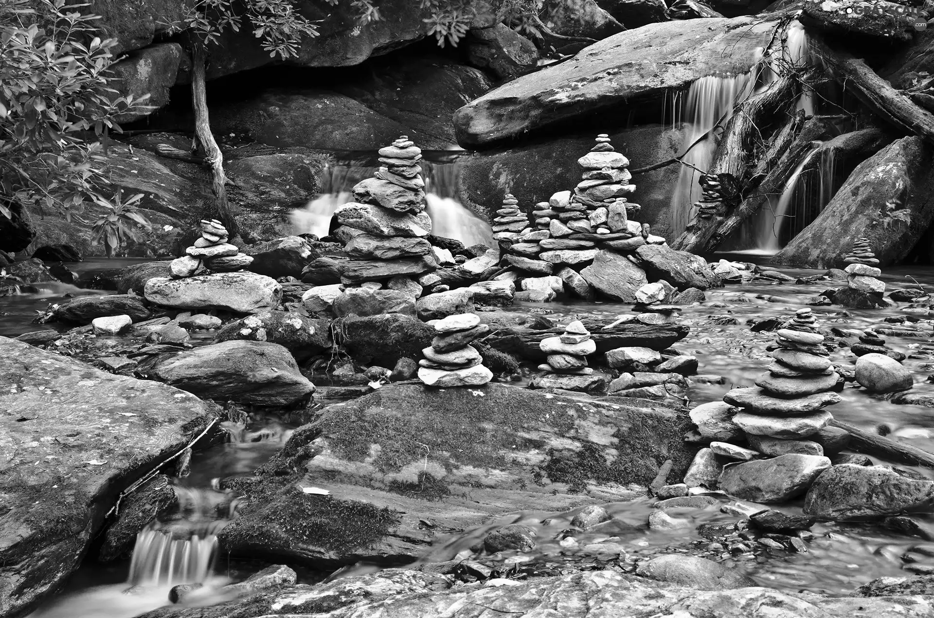 Moss, waterfall, Stones