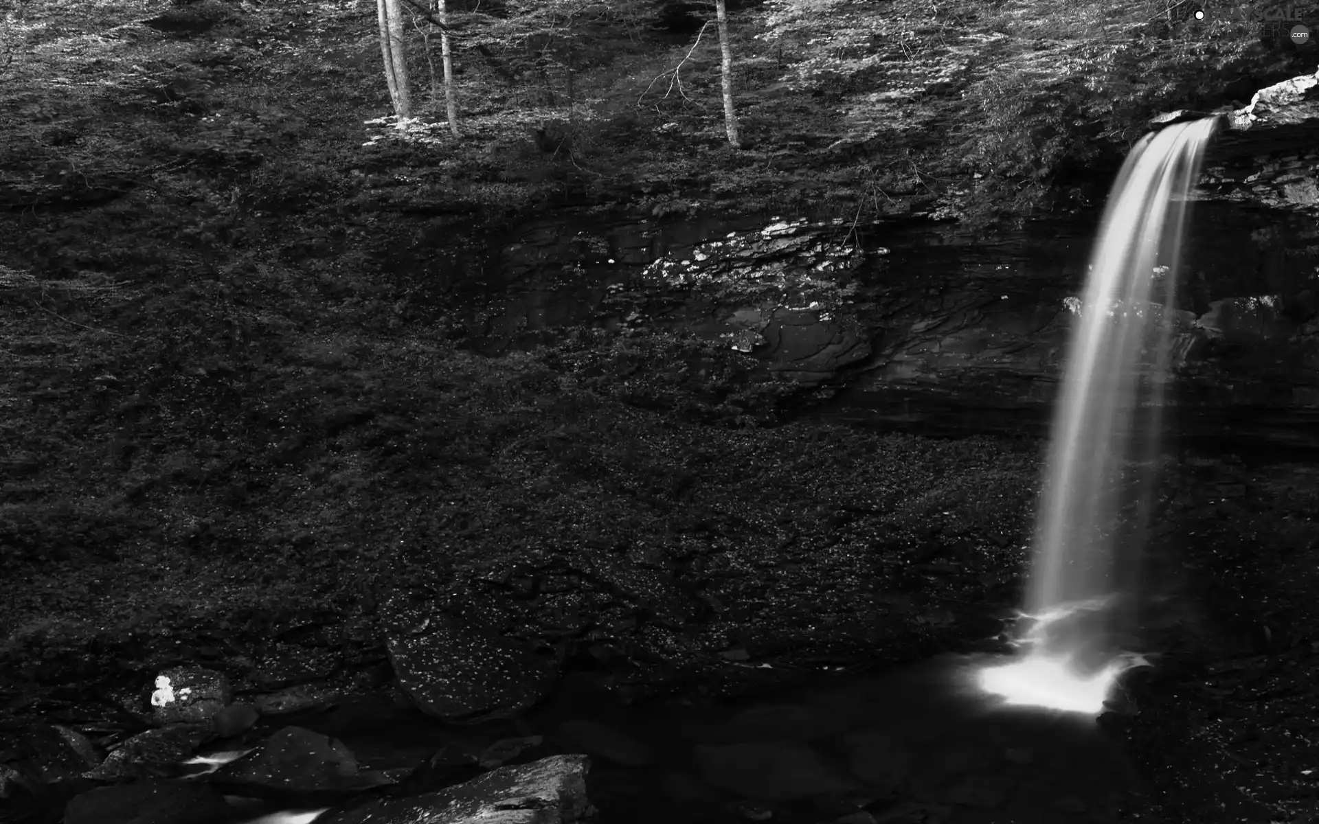 waterfall, Covered, moss, boulders