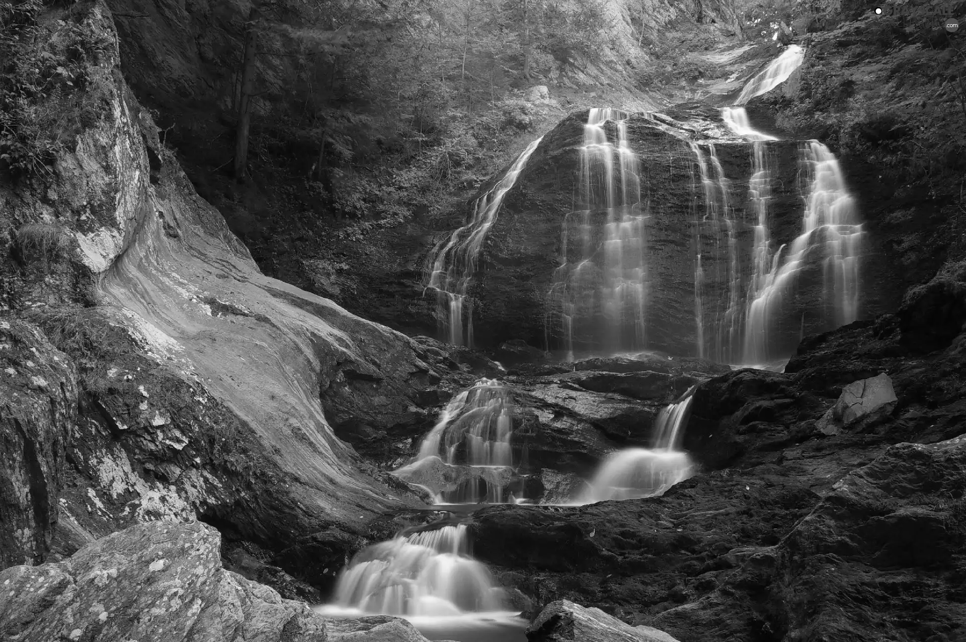 waterfall, mountains, Moss, rocks