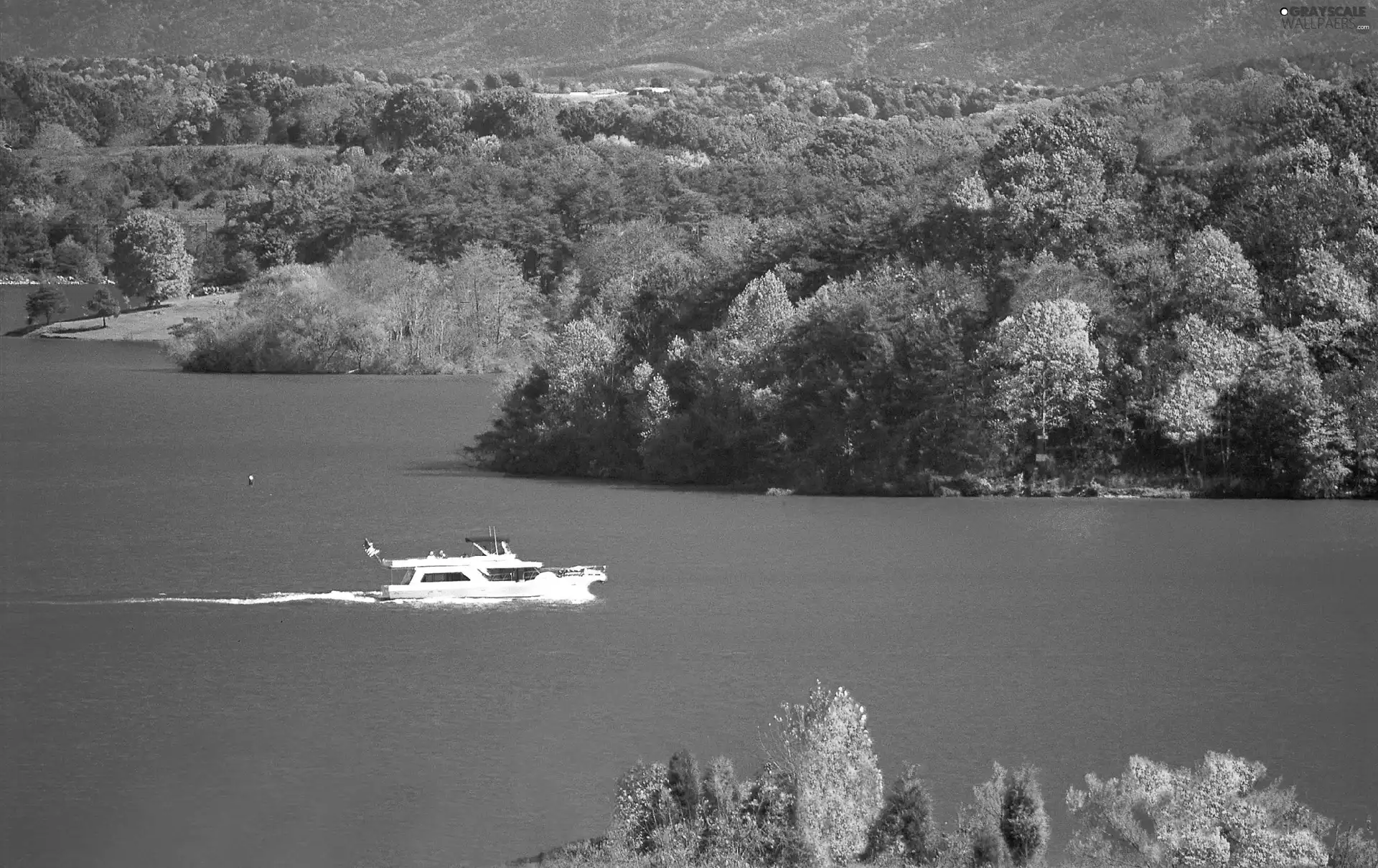 autumn, woods, Motor boat, lake