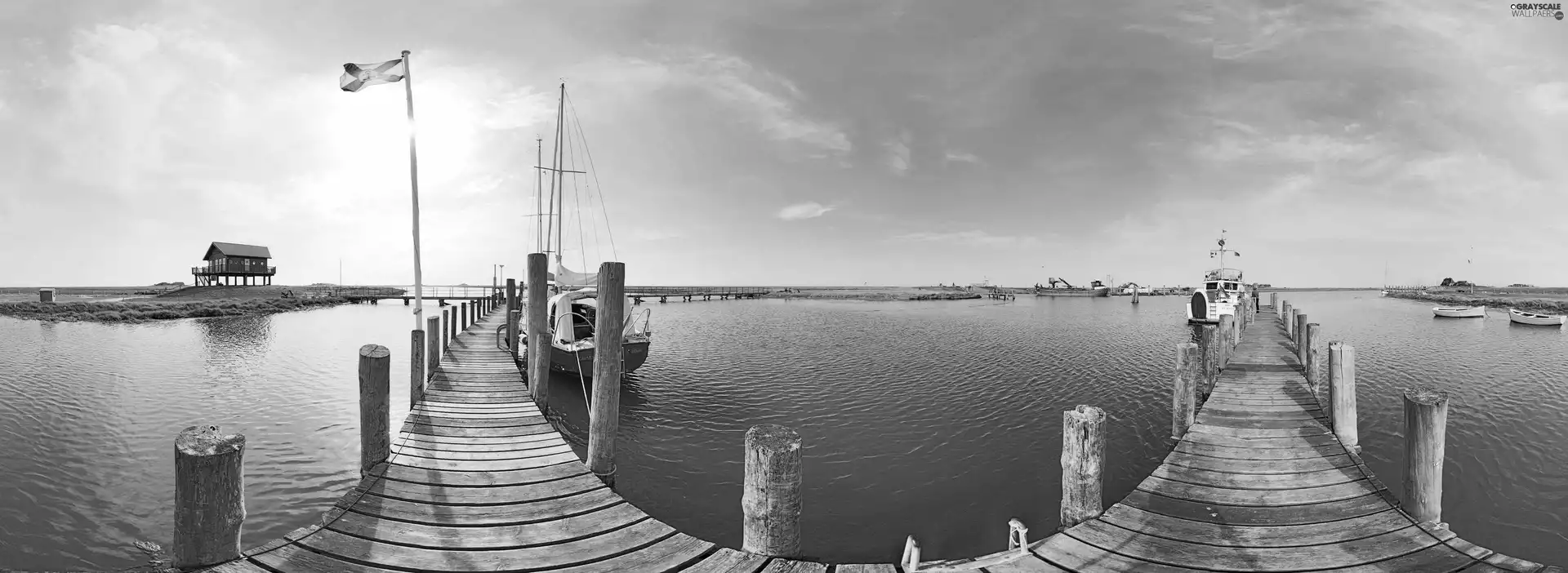 pier, boats, Motor boat, water