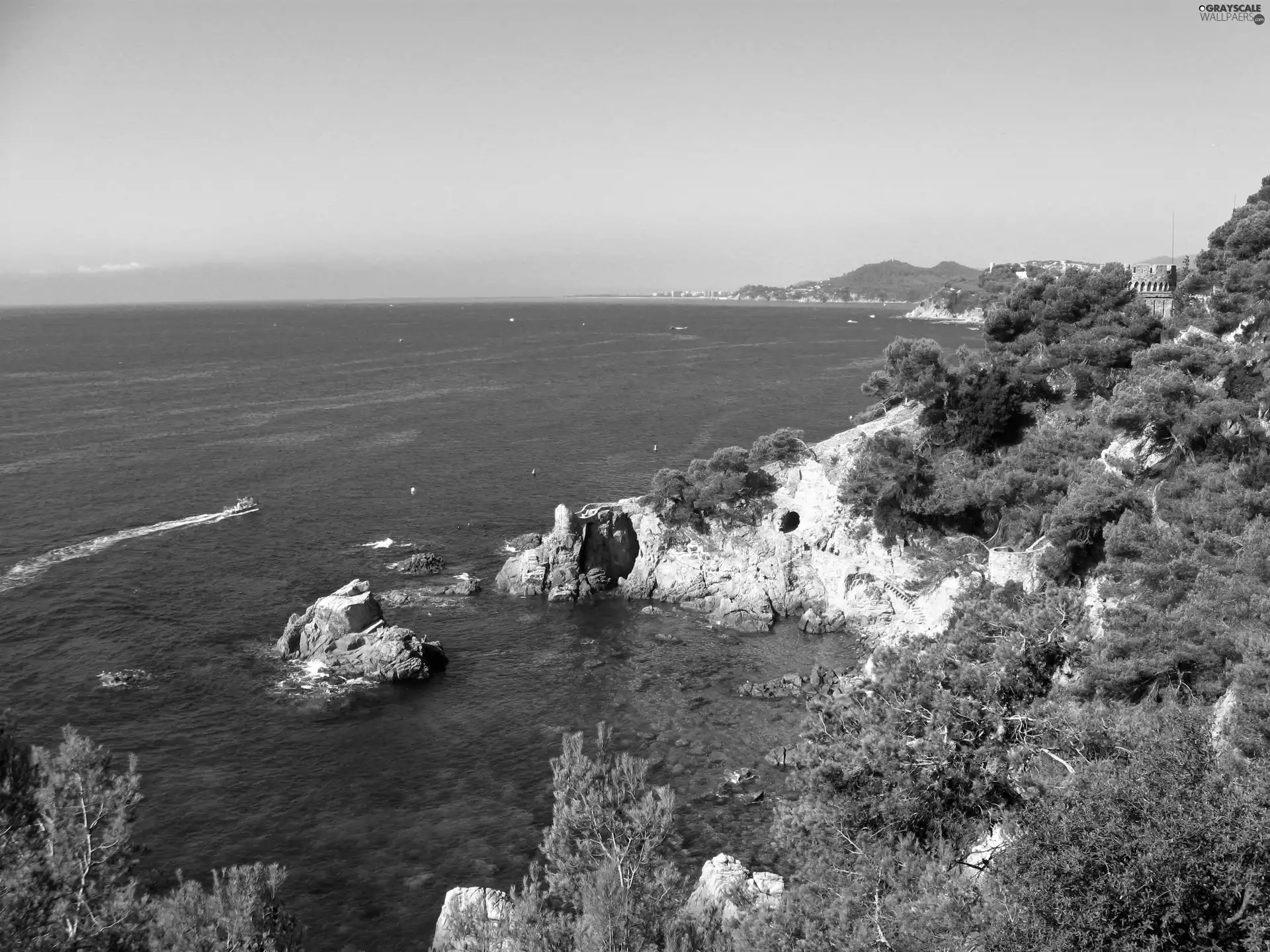 sea, green, Motor boat, Rocks