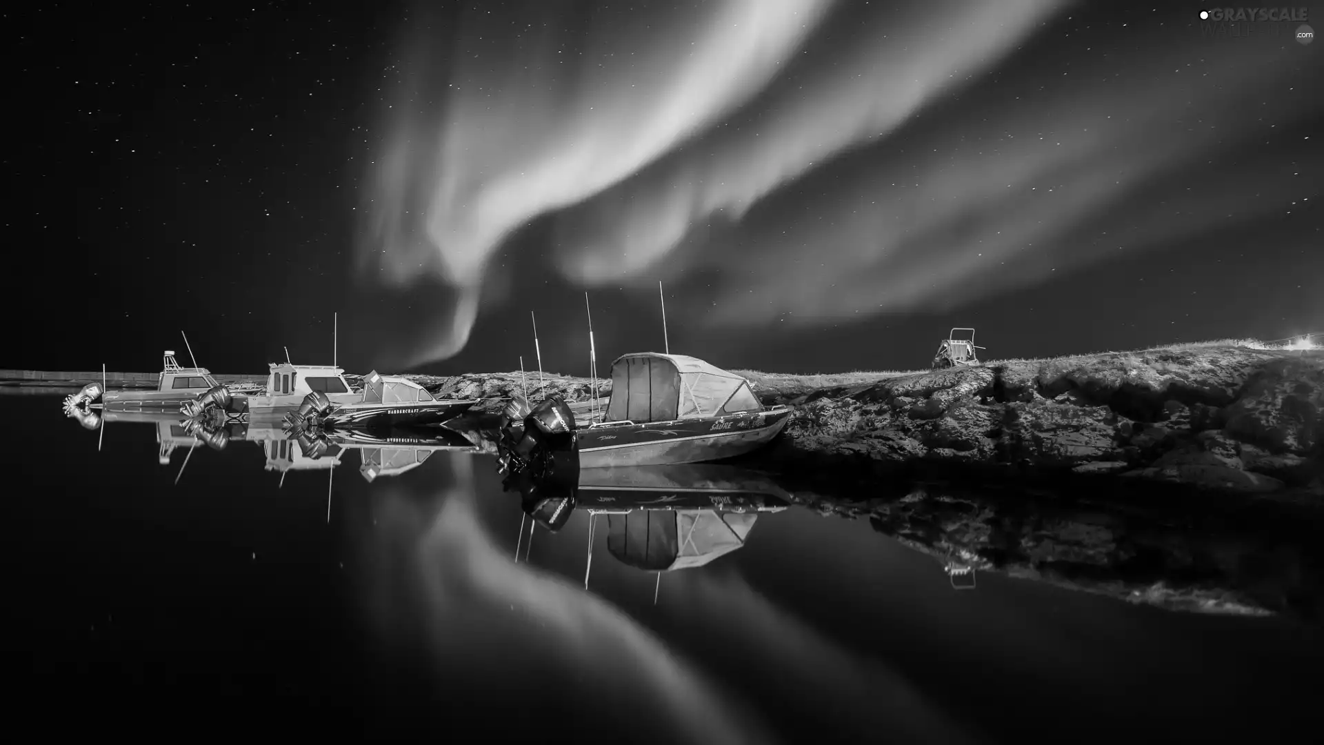 aurora polaris, lake, motorboat