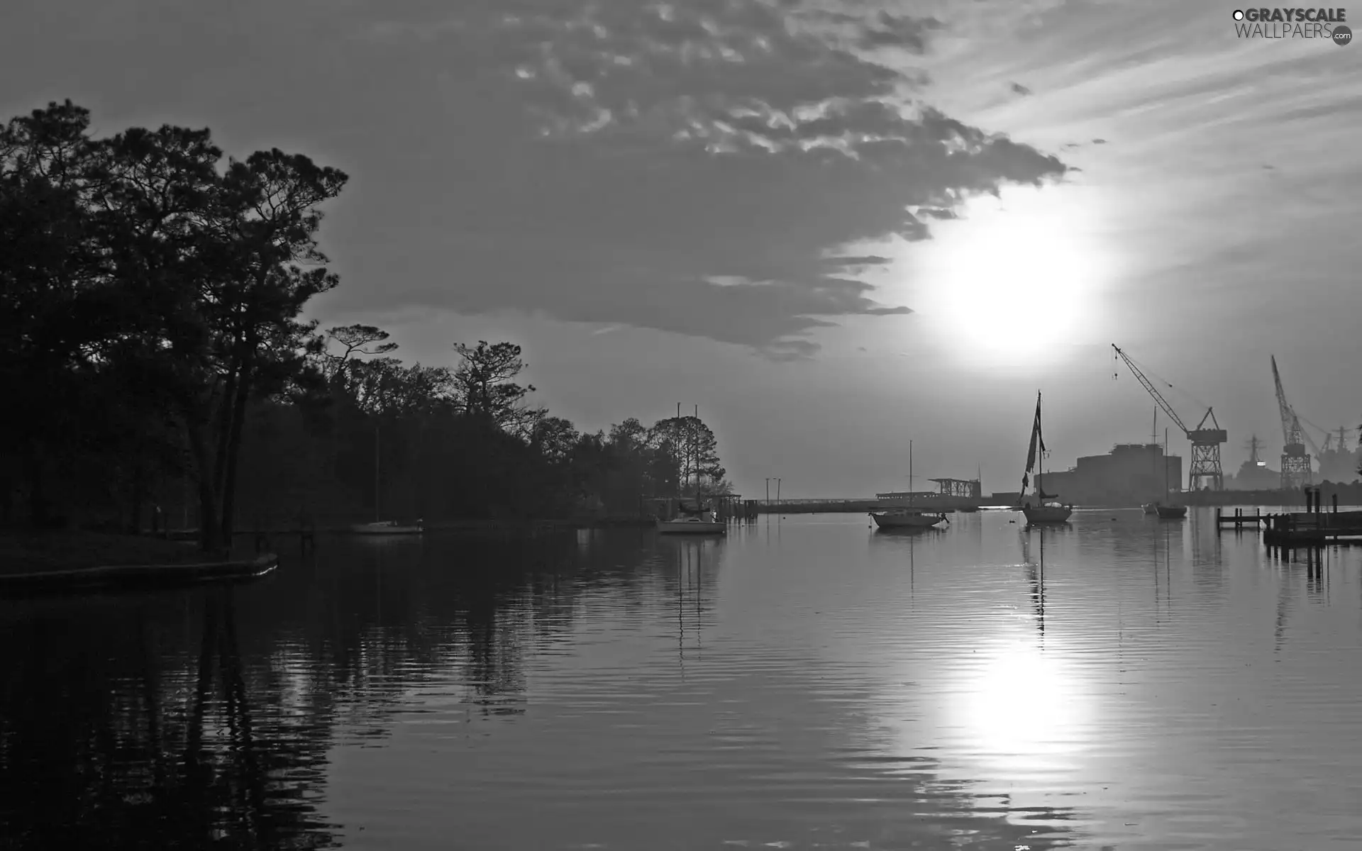 motorboat, crane, west, sun, River