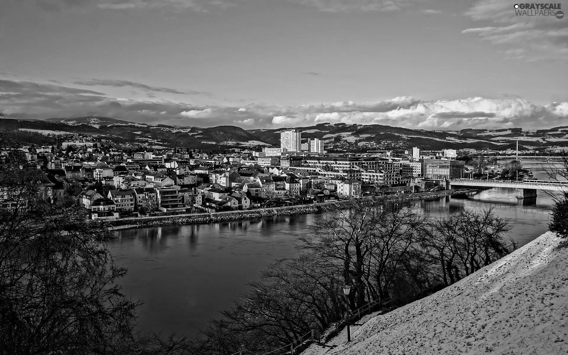 Mountains, Austria, River, Town, winter