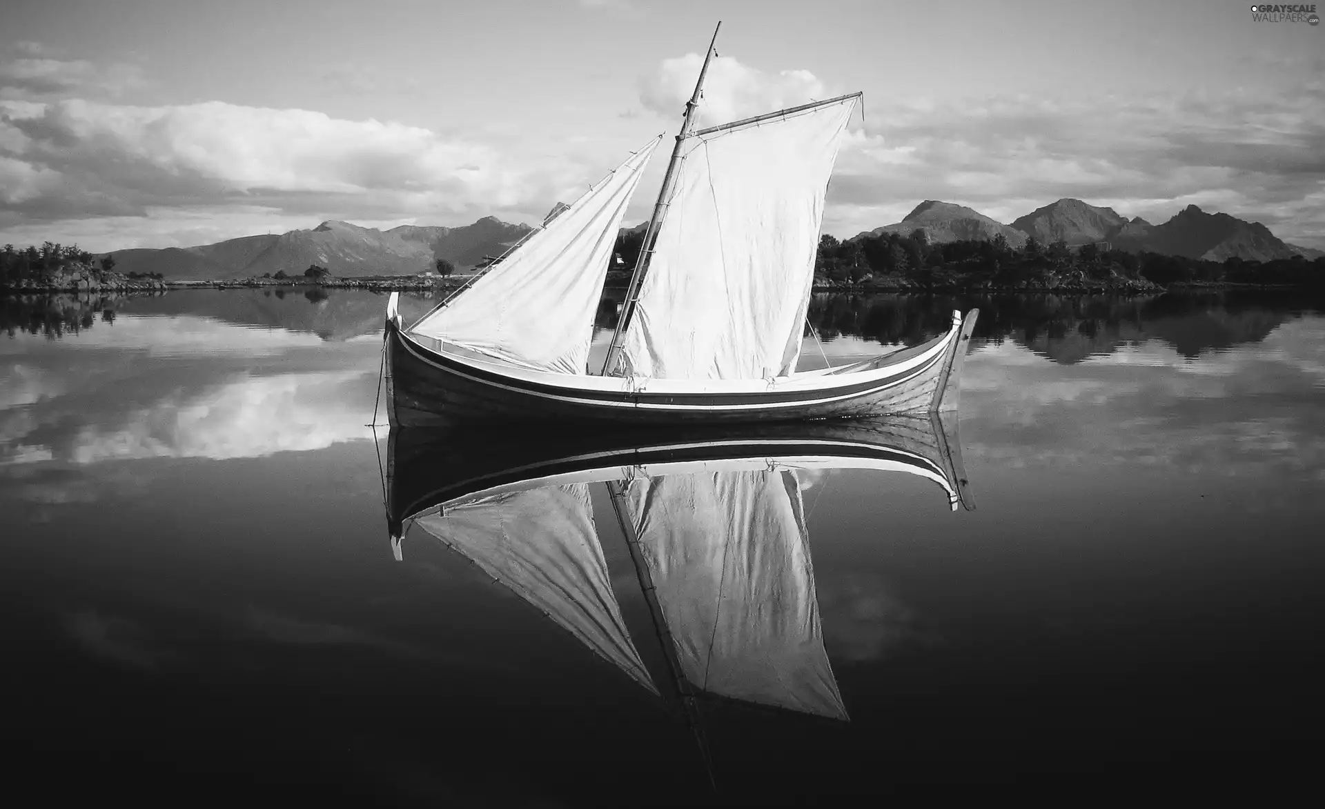 Boat, lake, Mountains, sail