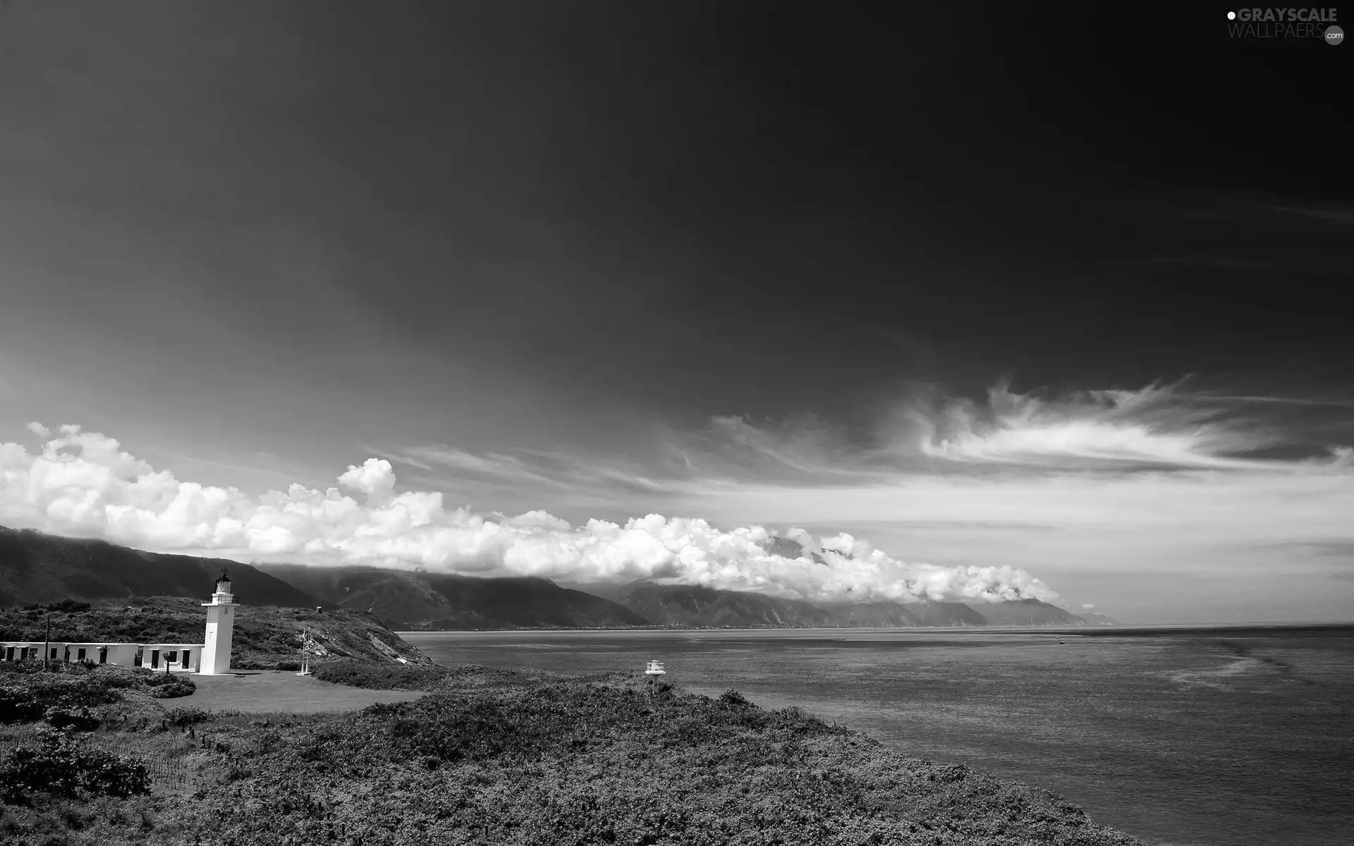 Mountains, clouds, maritime, Coast, Lighthouse