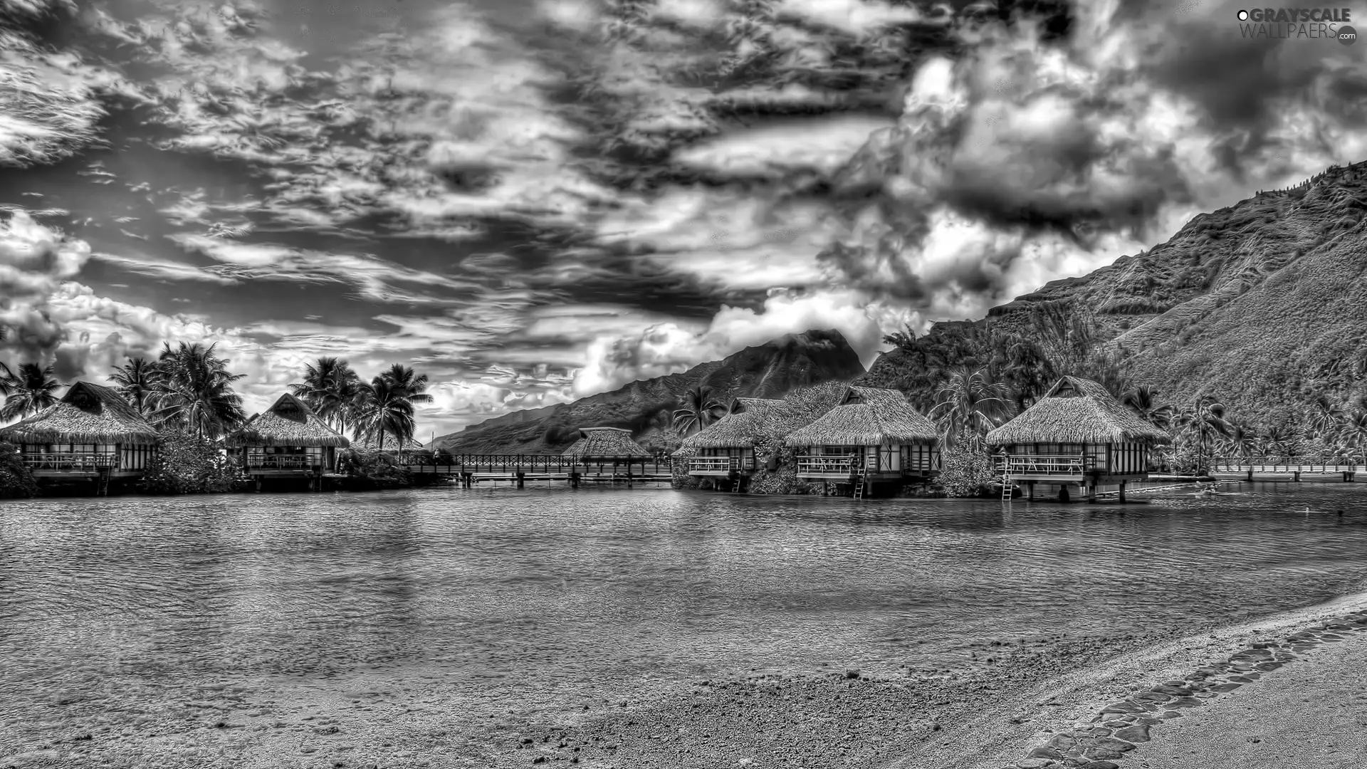 piles, Houses, Mountains, clouds, sea, an