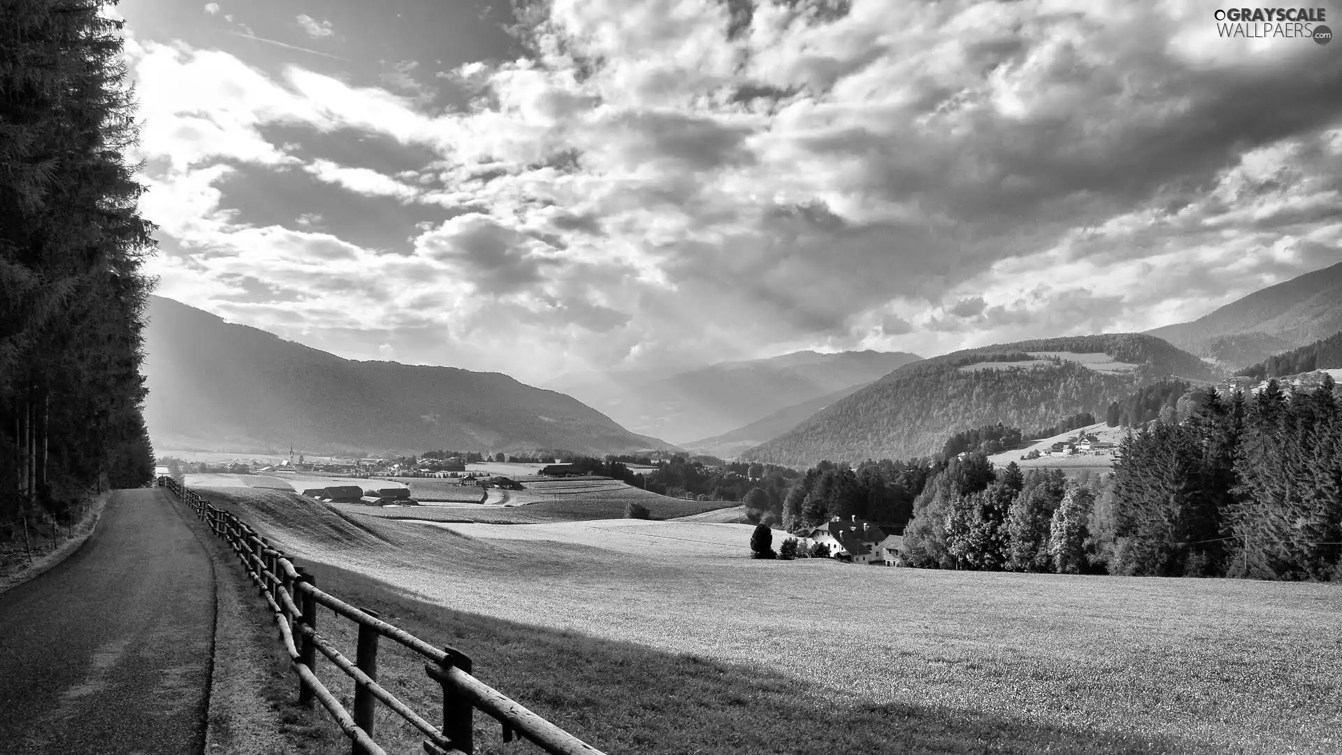 Mountains, clouds, woods, Meadow, Way