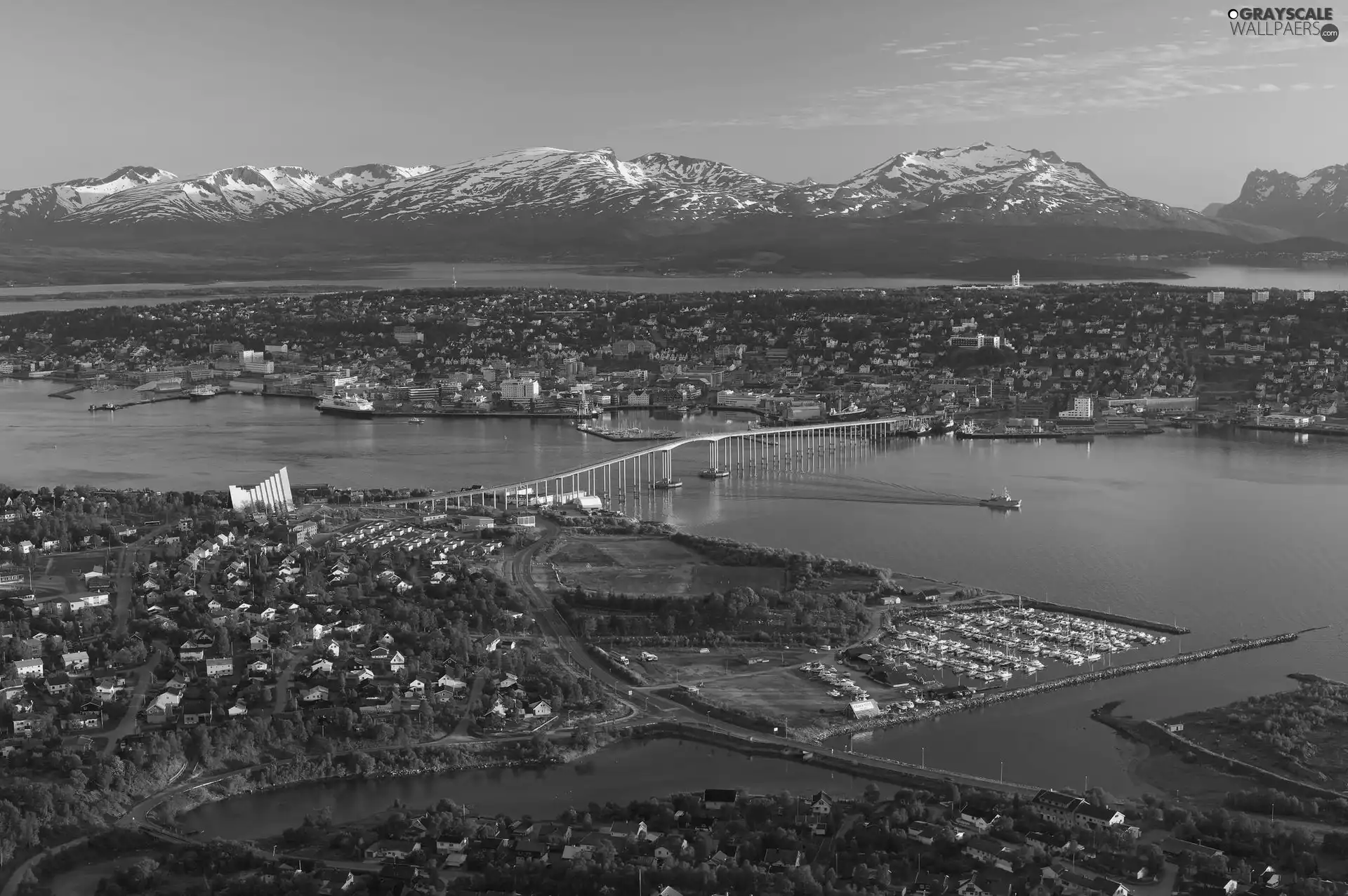 Coast, Town, Mountains, bridge