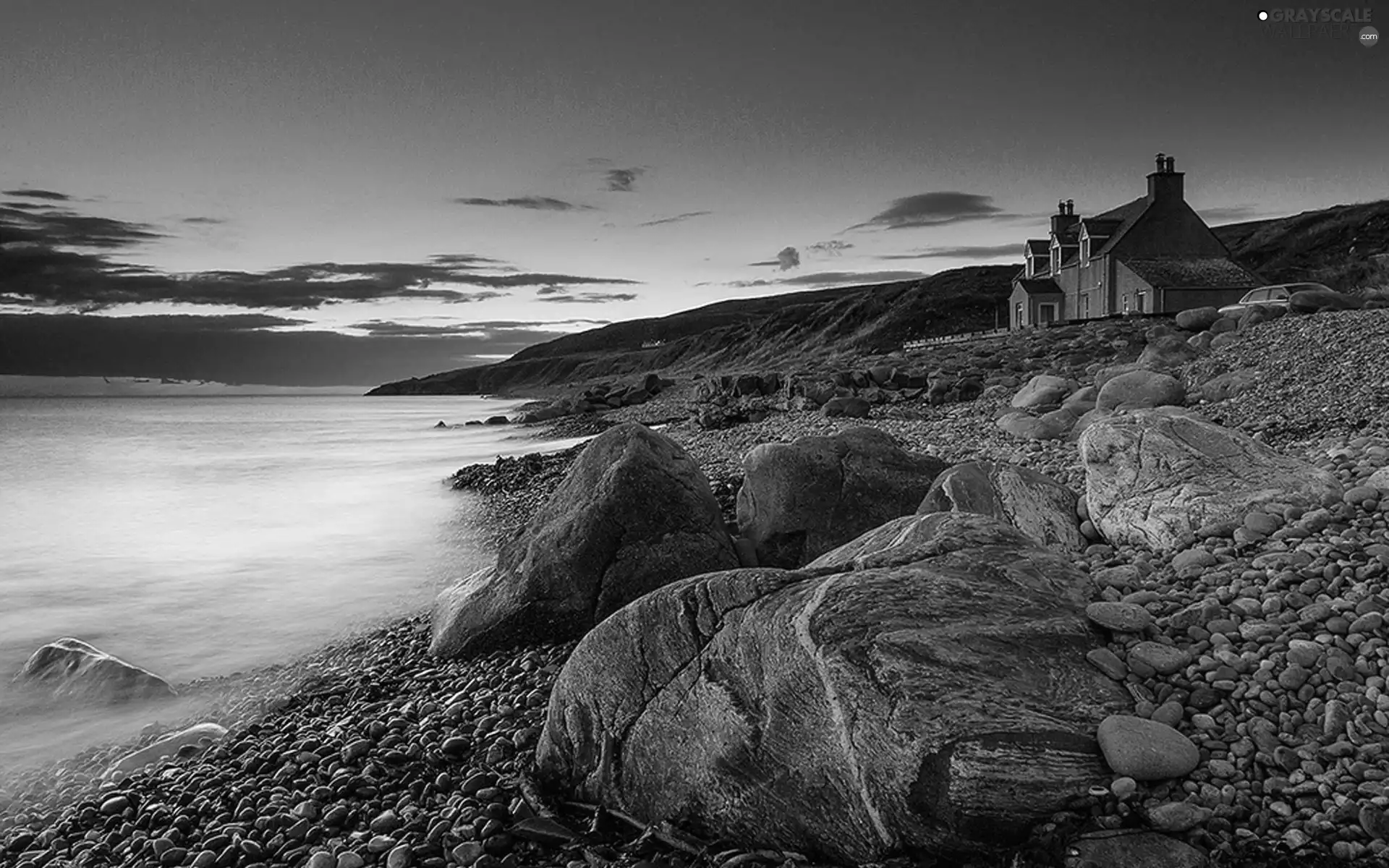 Mountains, Dusk, Stones, house, Coast