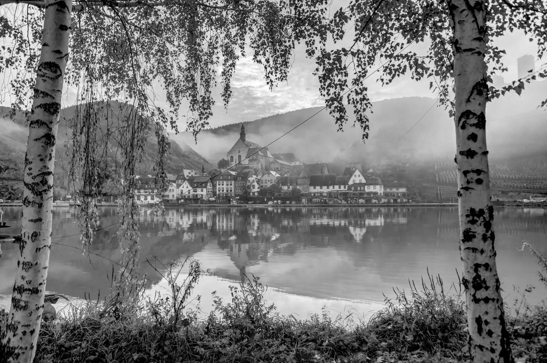 Mountains, Fog, River, birch, Town