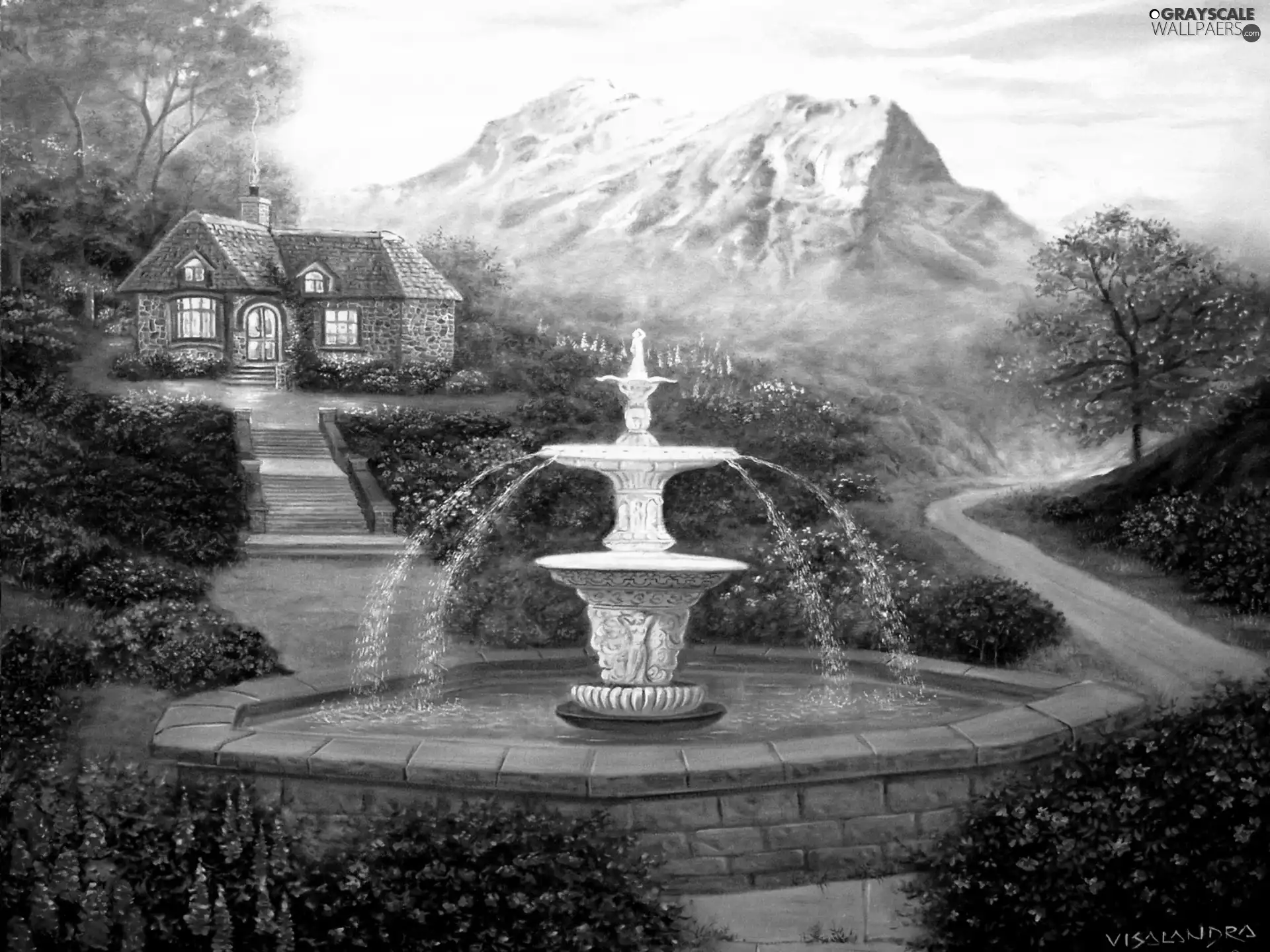 fountain, Garden, Mountains, house