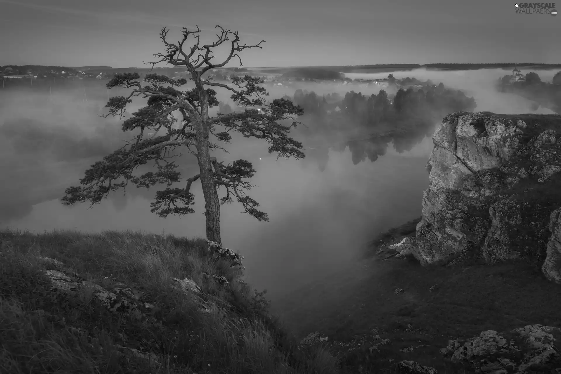 rocks, viewes, grass, Mountains, trees, Fog, River