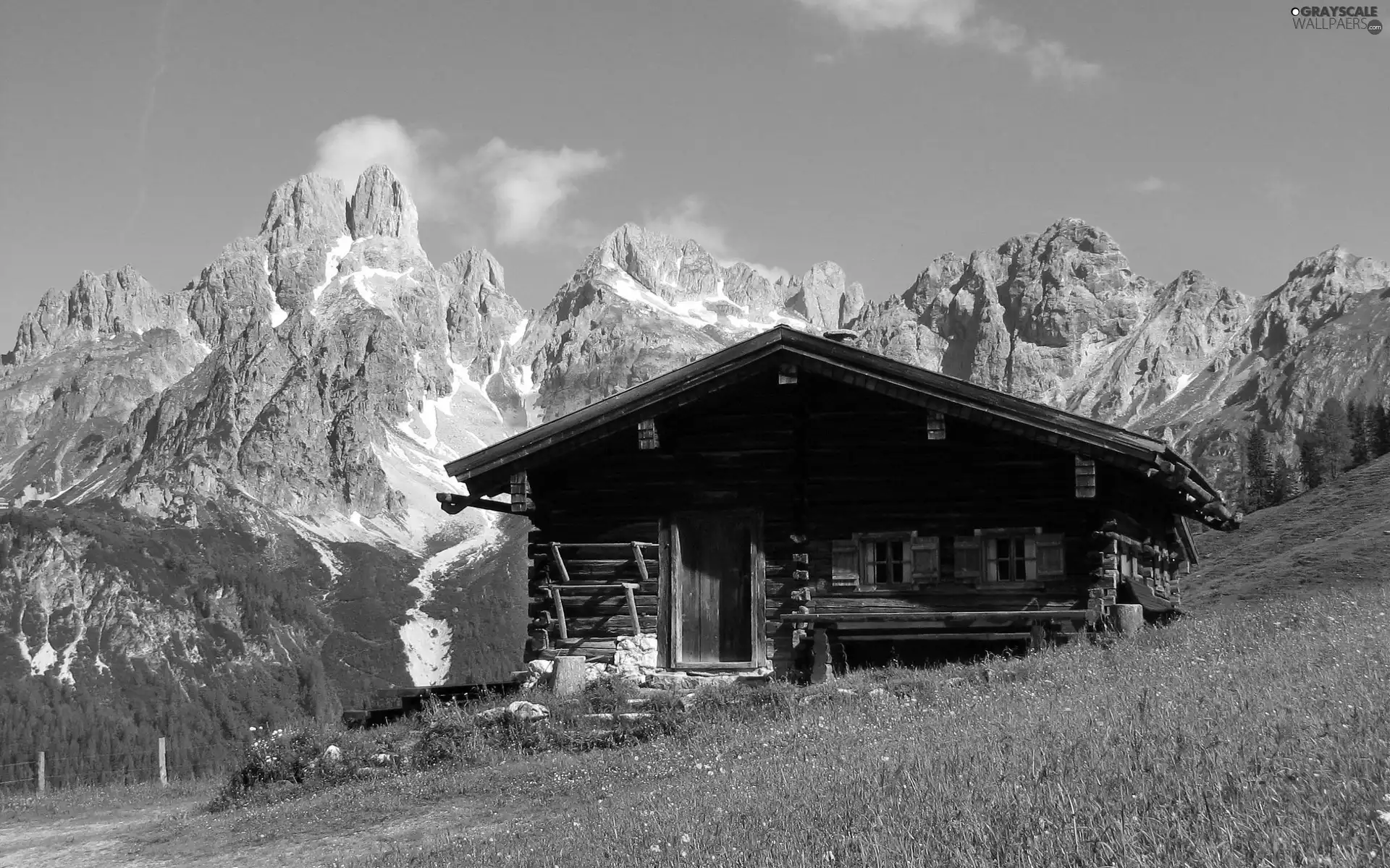Mountains, grass, house, Rocky, wooden