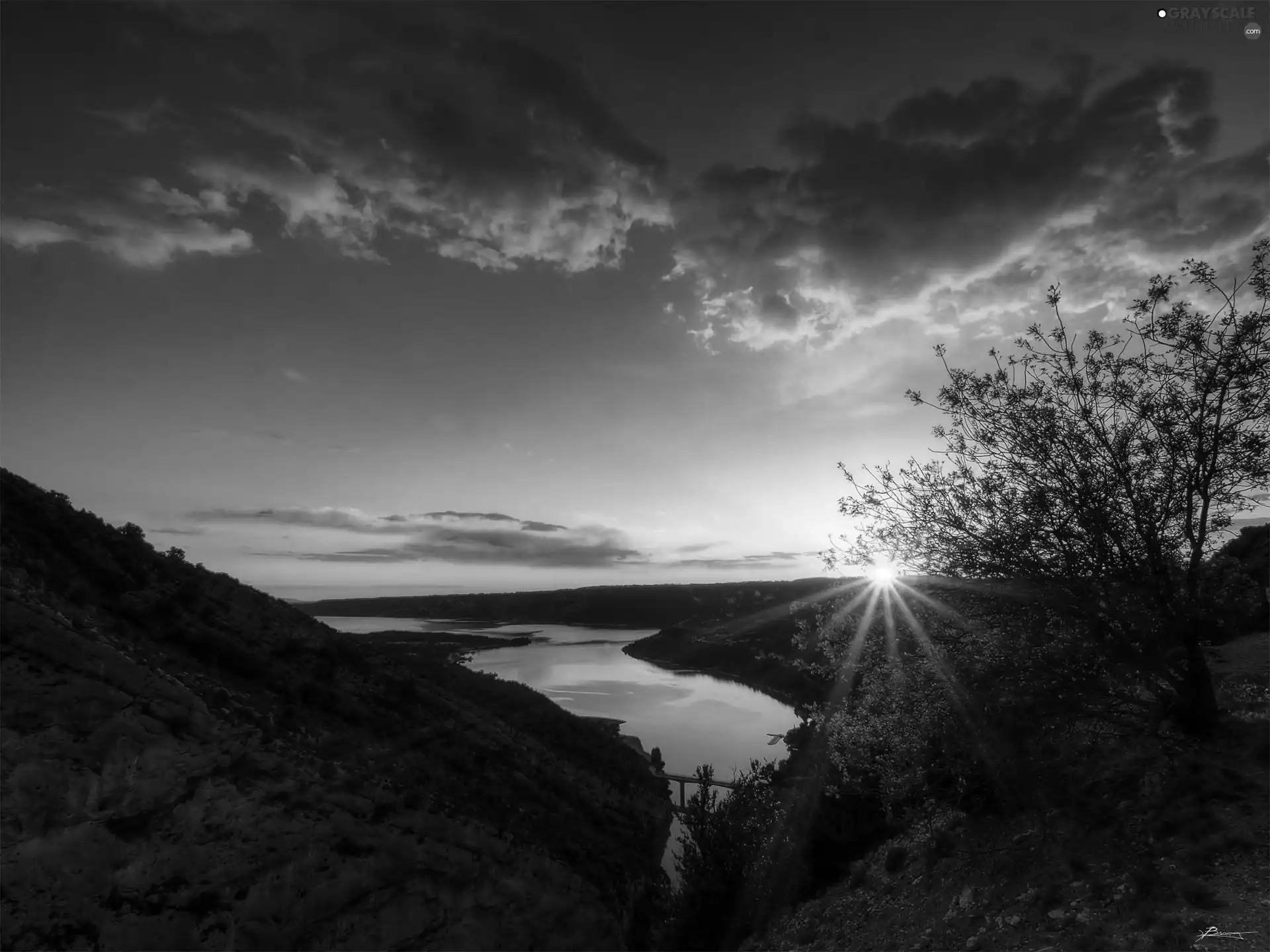 River, clouds, Mountains, Great Sunsets