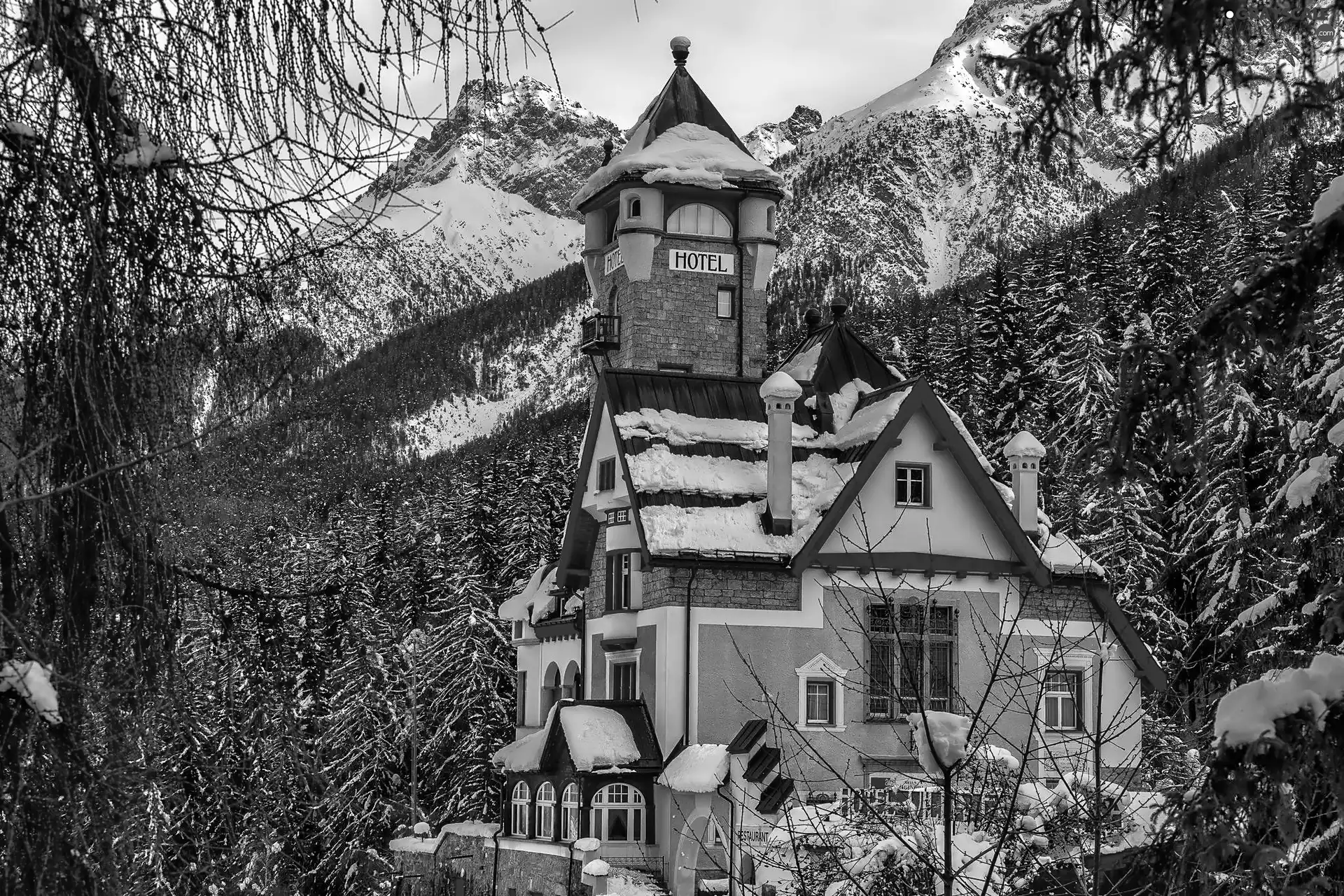 Hotel hall, winter, Mountains