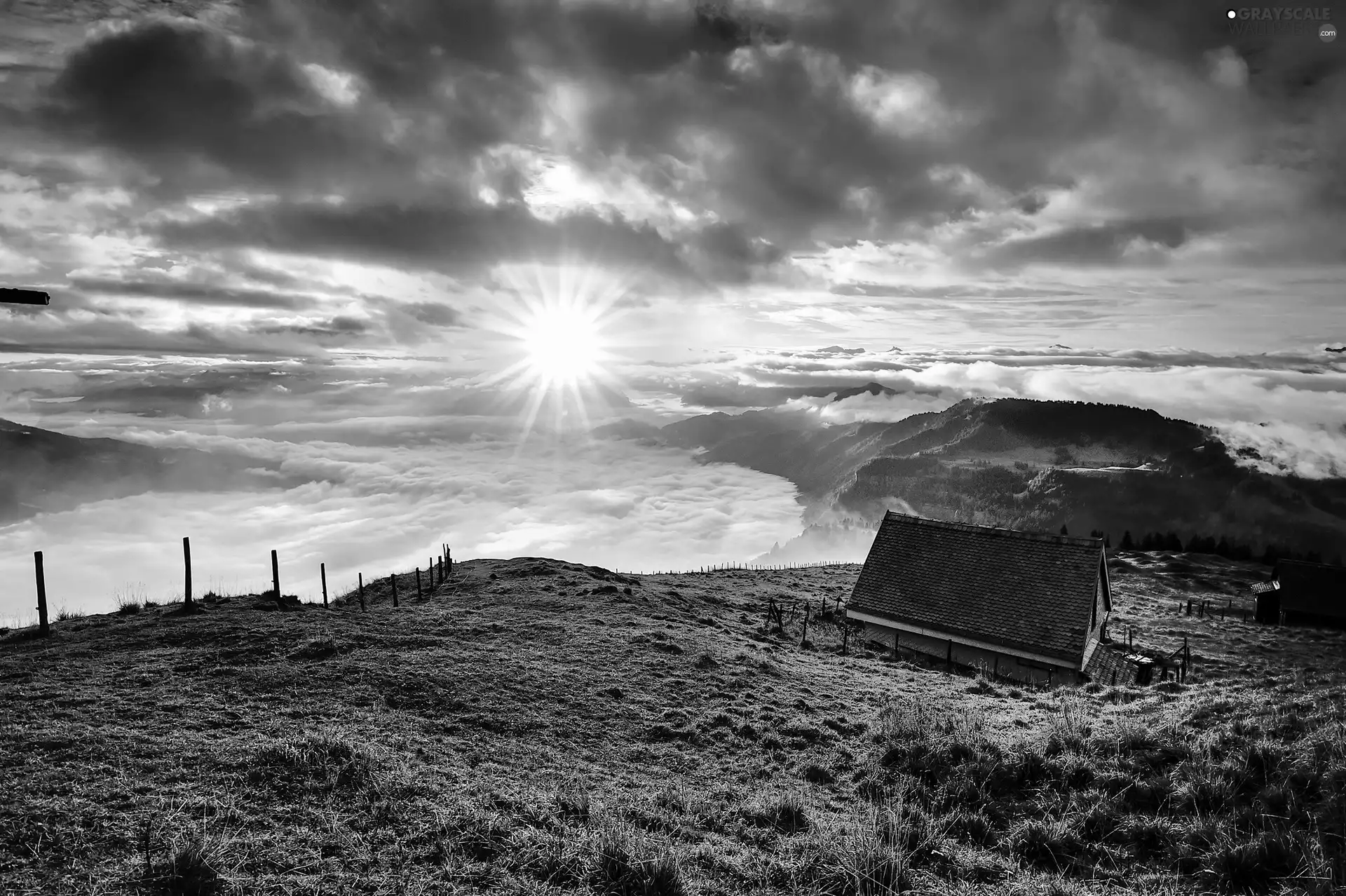 Mountains, Home, sun, clouds, west