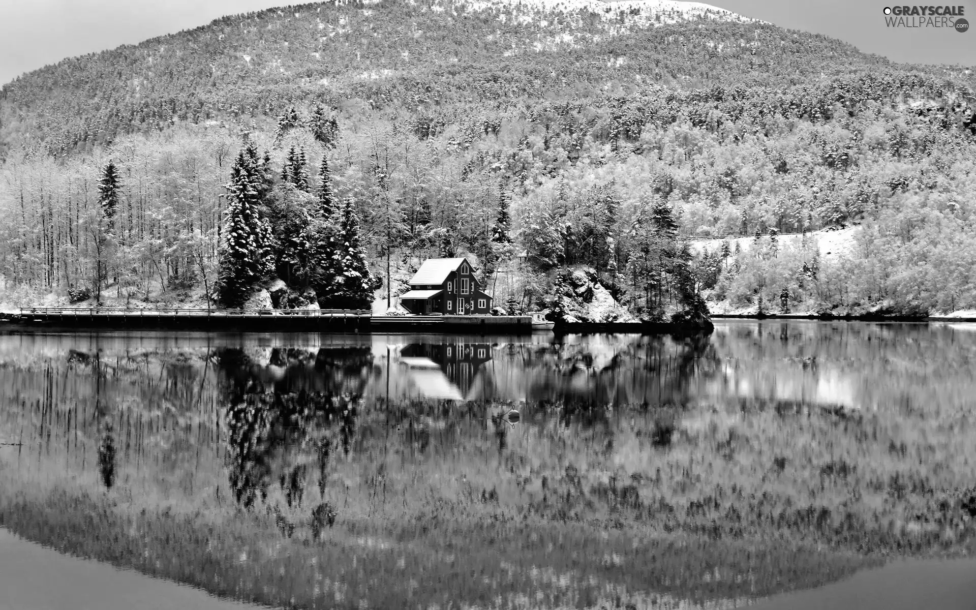 Mountains, Home, lake, woods, winter