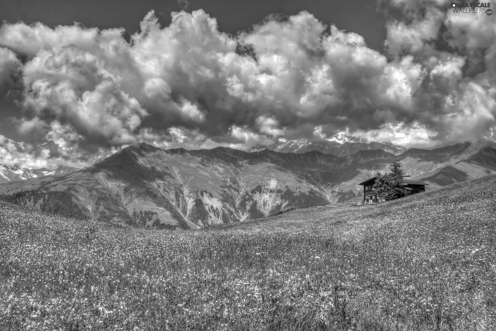 house, clouds, Mountains, Meadow