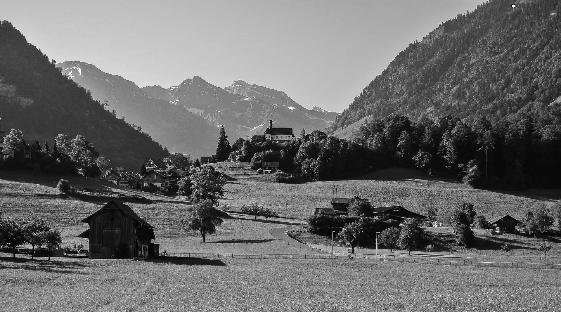 grass, trees, Houses, viewes, Valley, Sky, Way, Mountains