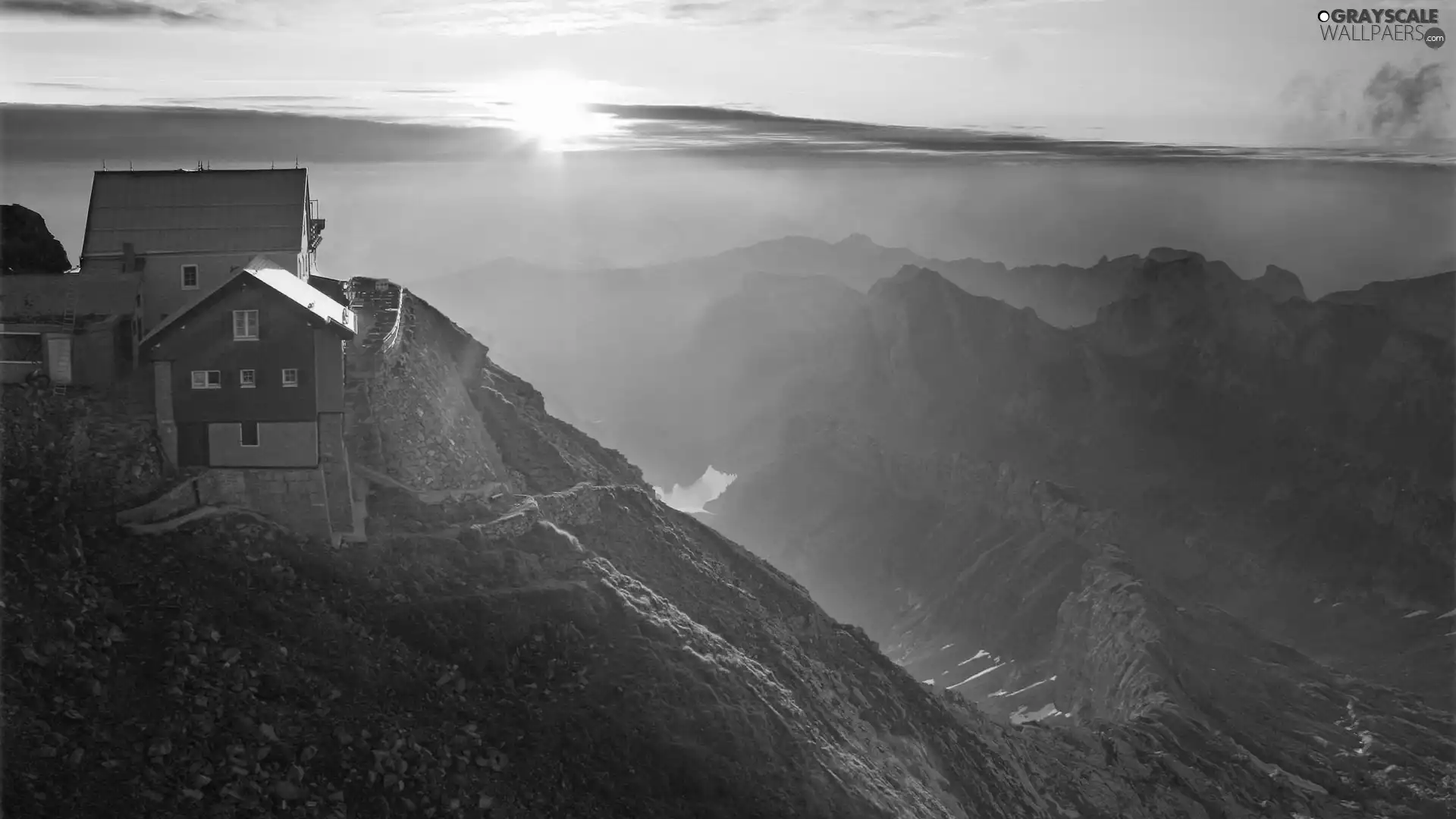 Mountains, Houses, sun, peaks, west