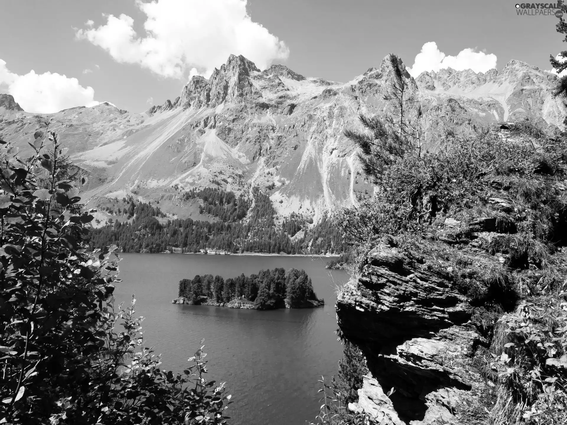 Mountains, lake, Islet