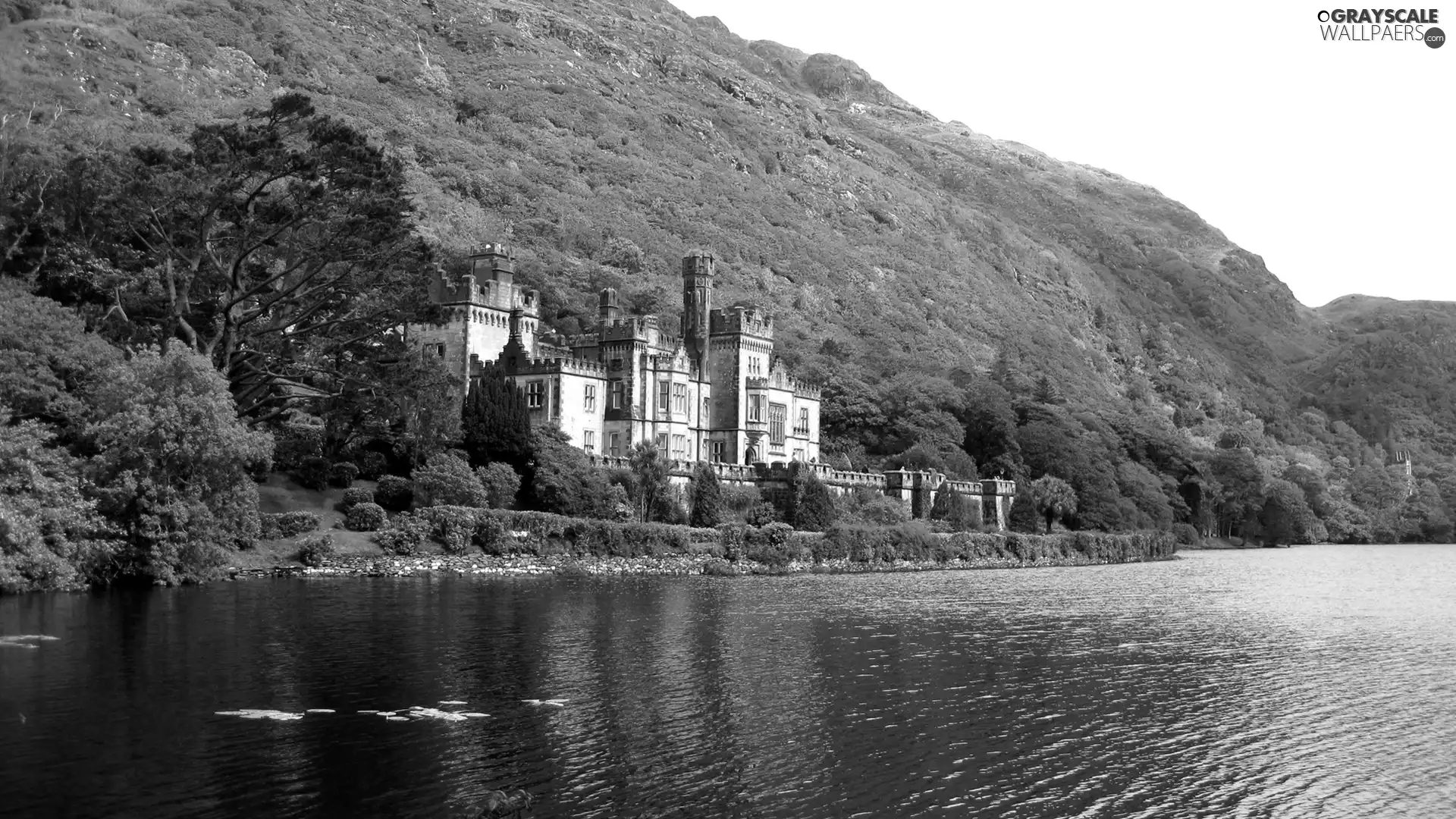 Mountains, lake, Kylemore Abbey, Ireland, Castle