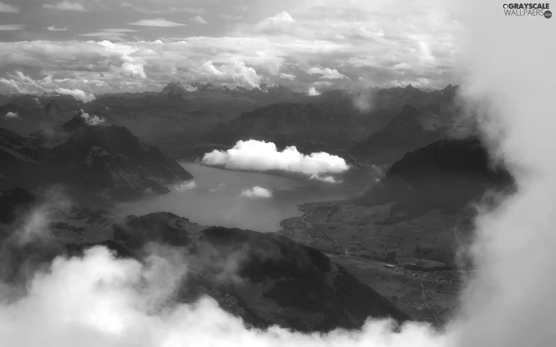 Mountains, clouds, lake