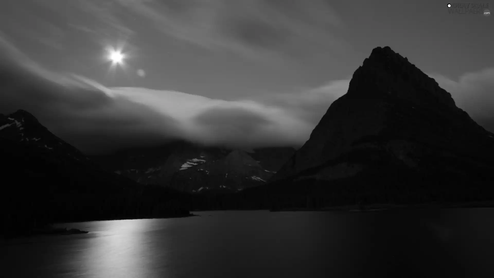 Mountains, Night, lake