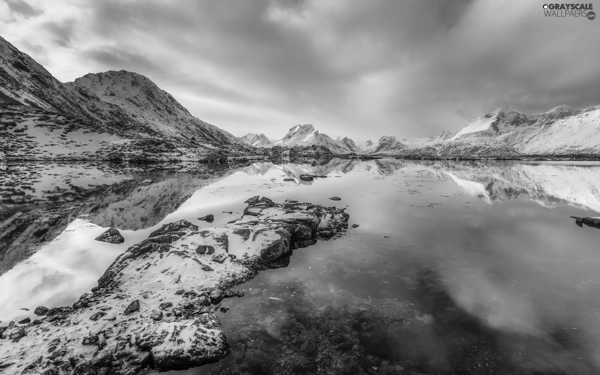 Snowy, winter, Lofoten, Mountains, sea, clouds, Norway
