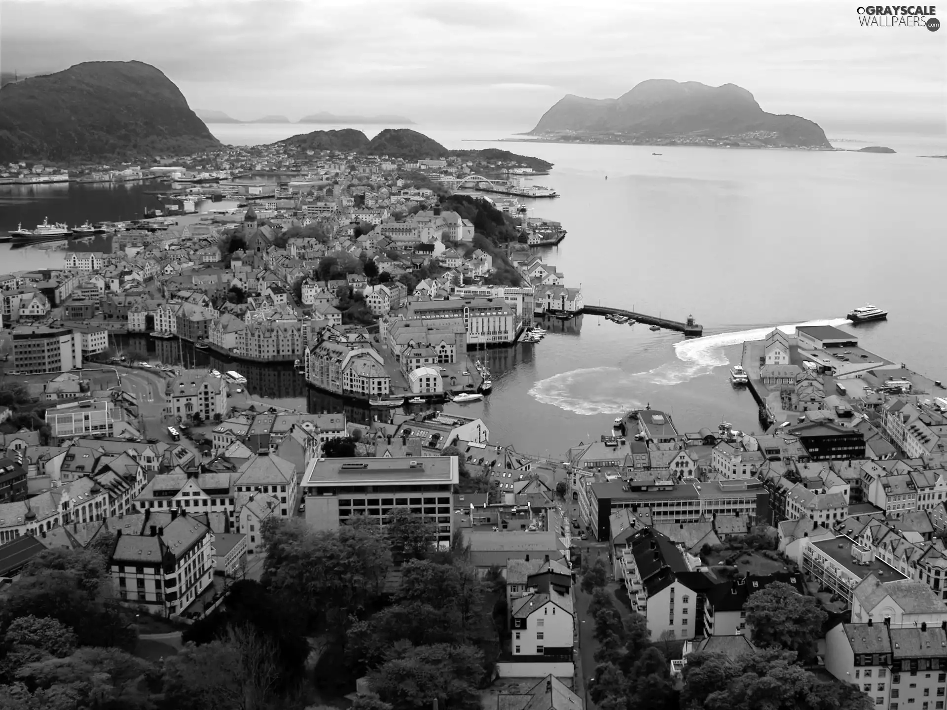 panorama, sea, Mountains, town