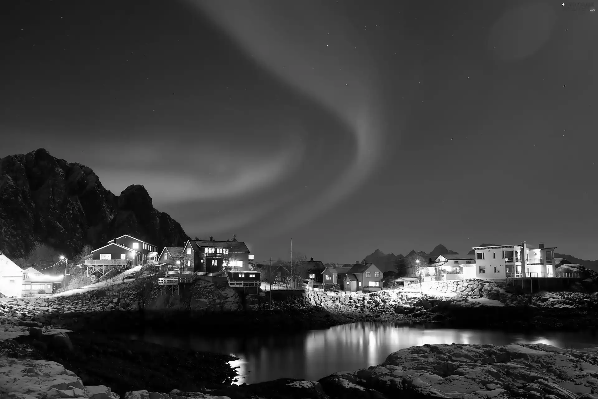 Mountains, aurora polaris, colony, lake, Houses