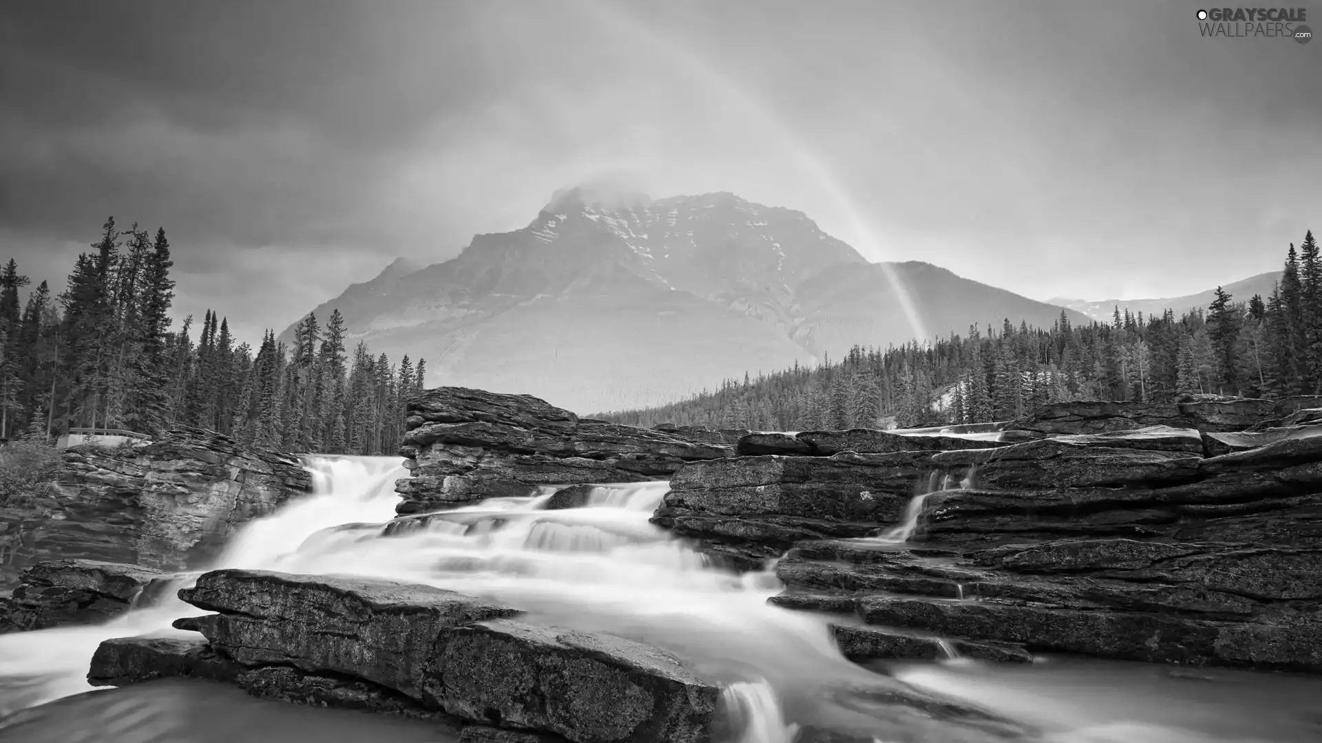 Mountains, Great Rainbows, rocks, forest, waterfall